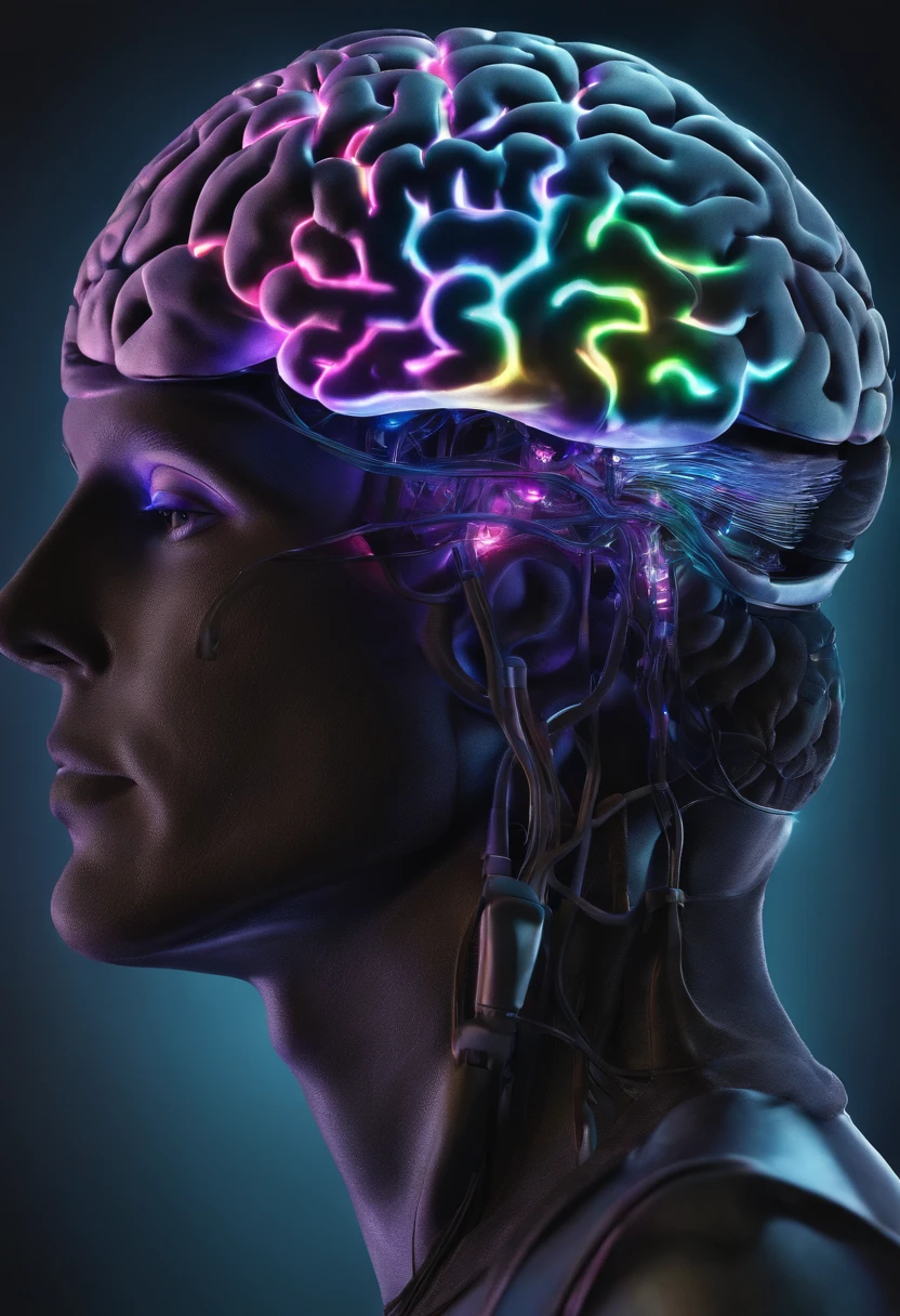 Highly detailed brain, Electronic medium with neon and real gray half