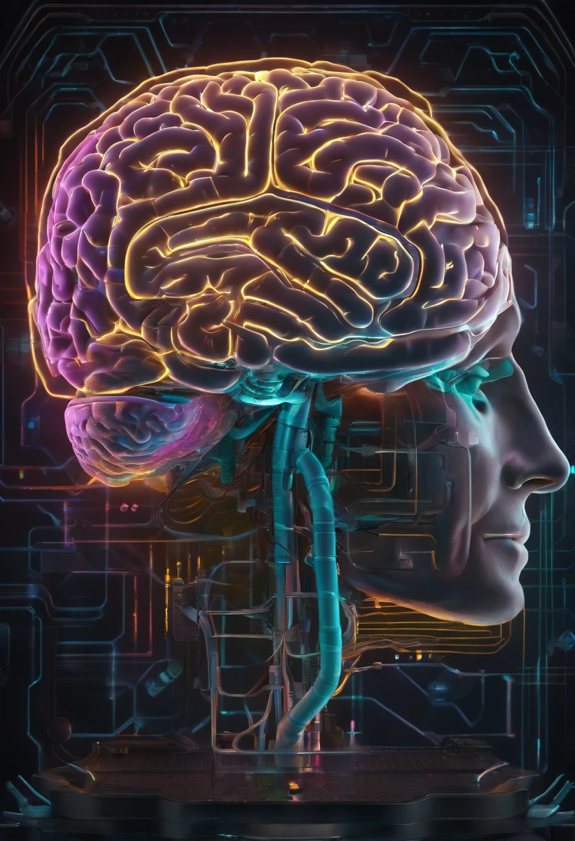 A highly detailed brain, electronic medium with neons and half real gray