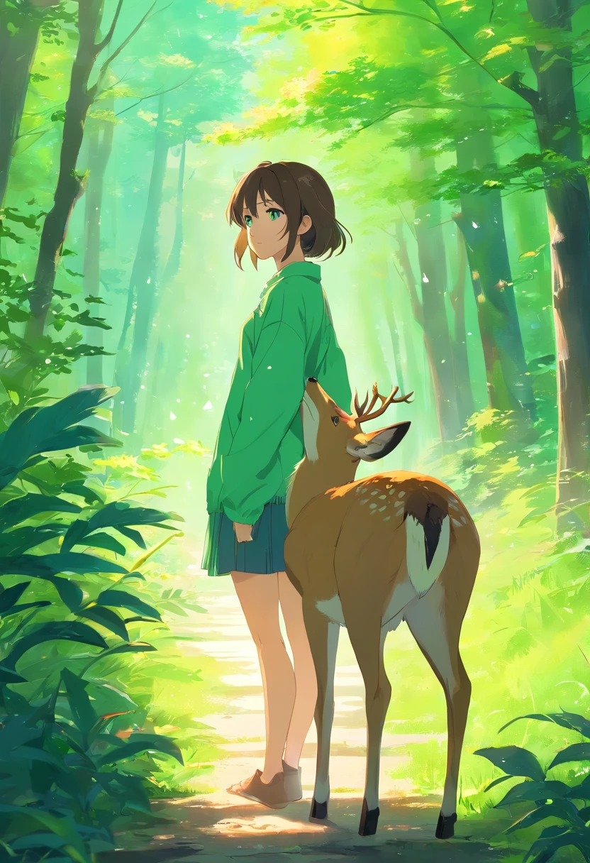 (masterpiece:1.2),vibrant colors,soft lighting,graceful posture,tranquil atmosphere, deer, green eyes, complementary colors,