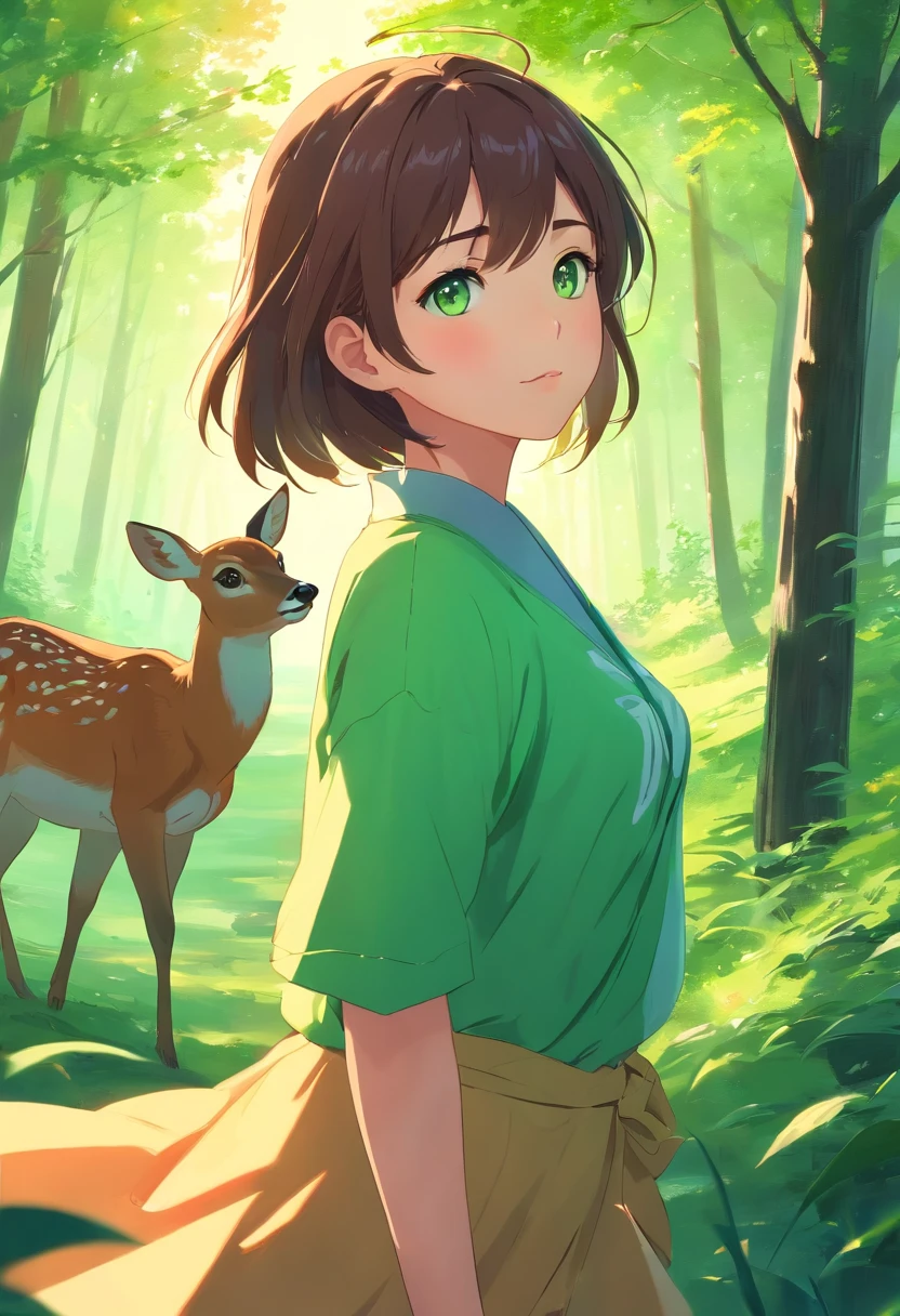 (masterpiece:1.2),vibrant colors,soft lighting,graceful posture,tranquil atmosphere, deer, green eyes, complementary colors,