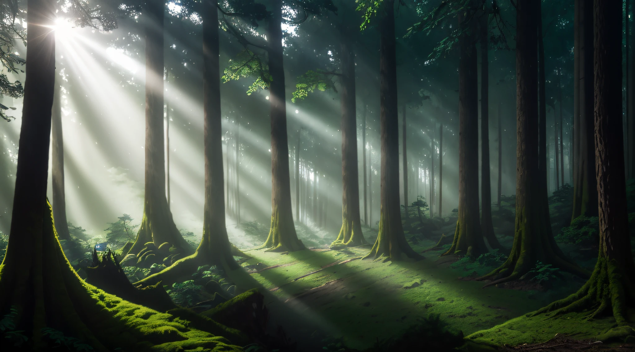"Create a captivating image of a dense, mysterious forest where sunlight filters through the thick canopy of trees. The forest is shrouded in an aura of enchantment, with towering ancient trees, their bark covered in moss and lichen, creating an otherworldly atmosphere. The shot type is a panoramic view, capturing the vastness of the forest. The camera lens used is a wide-angle lens to emphasize the grandeur of the scene. The lighting is soft and dreamy, casting gentle shadows. The resolution should be 8K to showcase the intricate details of the forest floor and the play of light and shadow."
