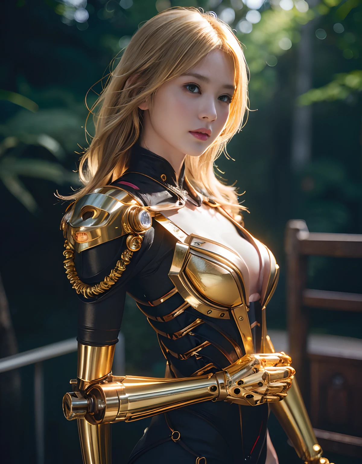 (1 Mechanical Girl)、top-quality、​masterpiece、超A high resolution、(Photorealsitic:1.4)、Raw photo、女の子1人、Golden hair、glowy skin、(((1 Mechanical Girl)))、With a beautiful knife、（Gold Metal Bodysuit）、(beautiful forest background)、Precipitous cliffs、(Small LED)、((super realistic details))、portlate、globalillumination、Shadow、octan render、8K、ultrasharp、Colossal tits、Raw skin is exposed in cleavage、metals、Details of complex ornaments、Japan details、highly intricate detail、Realistic light、CGSoation Trends、Red Eyes、radiant eyes、Facing the camera、neon details、(Mechanical limbs)、(blood vessels connected to tubes)、Mechanical vertebrae attached to the back、mechanical cervical attaching to neck、(Wires and cables connecting to the head)、Gundam、Small LED、,Mechanical thighs、Toostock、（Hands are also made of machines）、