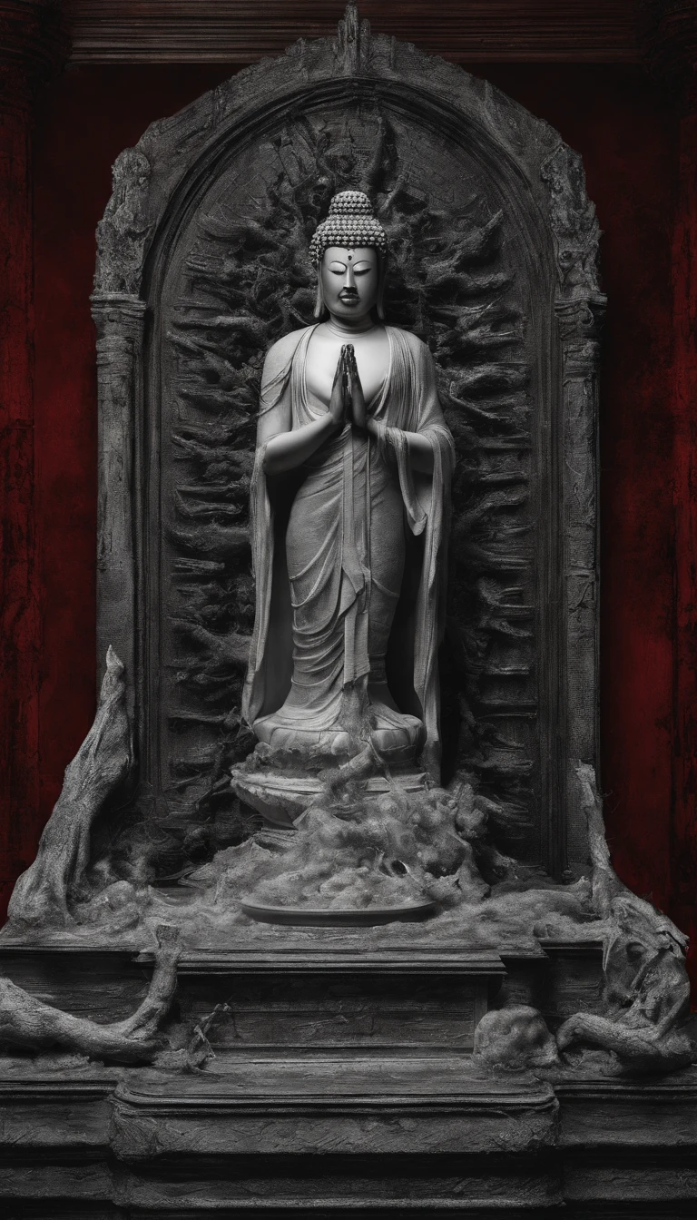 Blood red room, Flashing white TV screen, BUDDHA STATUE, cabelos preto e longos, with hair dishevelled, Cover one eye and face, Bright red eyes, Wearing a white transparent robe, Looming full breasts,liquor,Devil, reaching out her hands,Straighten your body, Red nails are exposed, Pinch the camera, hyper HD, Anatomically correct, Textured skin, Super detail, High details, High quality, A high resolution, 8K, hyper HD, Anatomically correct, Textured skin, Super detail, High details, High quality, Best quality, 8K,Leishnampo,Room 2,Horror