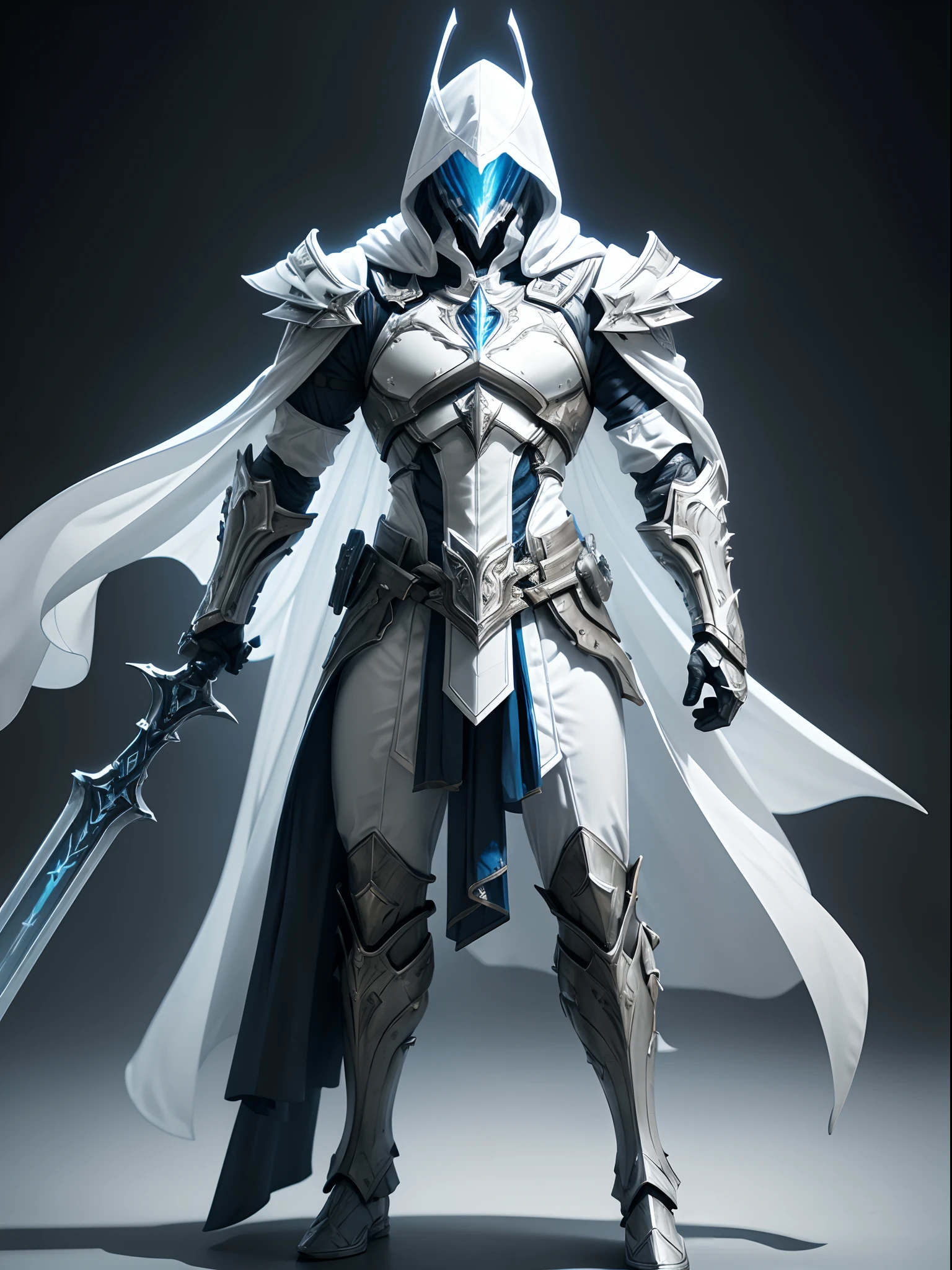 Masterpieces, White Knight, Commercial style shot, (action figure of Battle Priest in a warframe style armor with a white great sword ), (white blue and silver color scheme), (white hood with white flowing cloak), plastic material with metallic coating, (solid color background), centered, full body shot, (dynamic action stance pose), Arabic knight, assassin creed, black round stand base, vibrant colors, visible figure joints, cinematic shot, volumetric lighting, intricate pattern detail, highly detailed