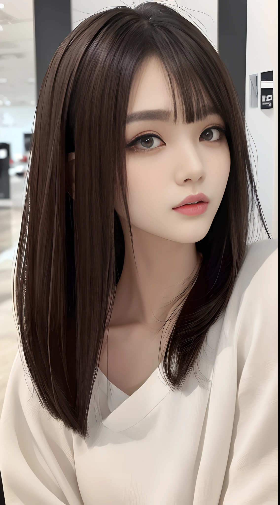 masterpiece、top-quality)、1 beutiful girl、Slim body、((Black and white plain clothes:1.1))、(Detailed beautiful eyes)、Walk around the store、((Boyish Brown Shorthair))、((Short hair above the shoulders))、((Smaller face))、((Neutral face))、((Face seen from the side))、((Light brown eyes))、((Korean Girl))、((25-years old))、((cool lady))、((Wild look))、((Korean Makeup))、((elongated and sharp eyes))、((Dating))、((looking distantly))、((boyish))、((Shot from face level))