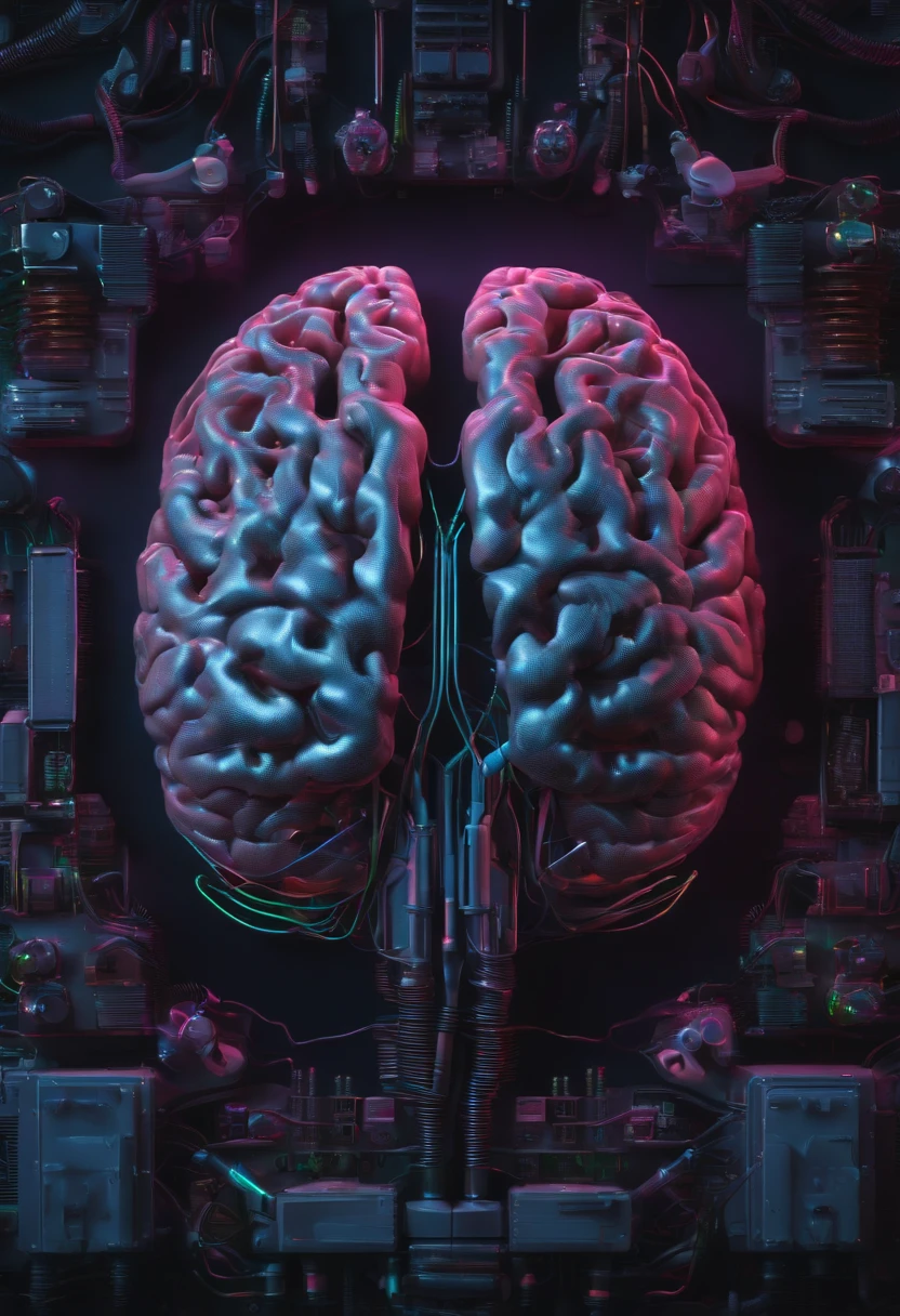 A highly detailed brain, electronic medium with neons and half real gray