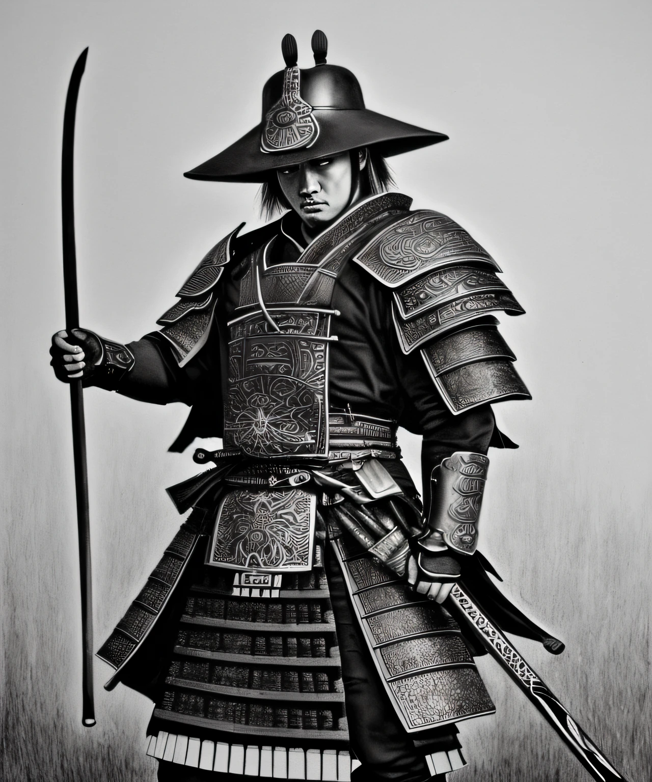 hiper-realismo, intrincado, altamente detalhado, pencil draw, Samurai de batalha, de corpo inteiro