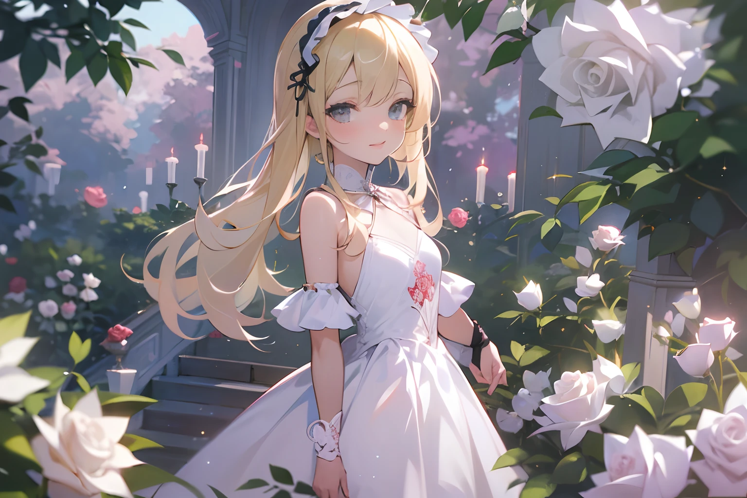 ((Masterpiece)), (High Definition:1.3), best quality, 8K, lens flare, wide shot, Textured skin, cinematic lighting, 1girl, ((Beautiful Gothic Lolita pure-white-Dresses, very hoop-dress, Luxury roses embroidery)), cute innocent young girl, Slender and small breasts, ((silky blond hair, very gothic lolita makeup)), close eyes, smile, neat and clean, (cute sparkle), Light particles, stand in beautiful Fantastic garden, (red roses)