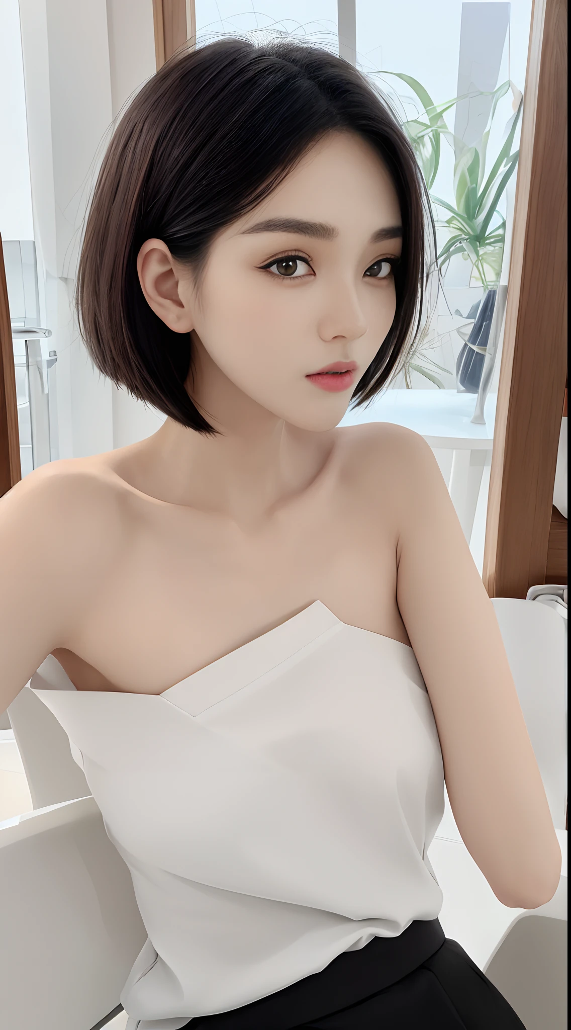 masterpiece、top-quality)、1 beutiful girl、Slim body、((Black and white plain clothes:1.1))、(Detailed beautiful eyes)、Walk around the store、((Boyish Brown Shorthair))、((Short hair above the shoulders))、((Smaller face))、((Neutral face))、((Face seen from the side))、((Light brown eyes))、((Korean Girl))、((25-years old))、((cool lady))、((Wild look))、((Korean Makeup))、((elongated and sharp eyes))、((Dating))、((looking distantly))、((boyish))、((Shot from face level))