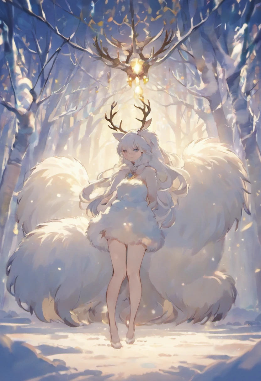 (masterpiece:1.2),vibrant colors,soft lighting,graceful posture,tranquil atmosphere, deer, ((white fur)), complementary colors,