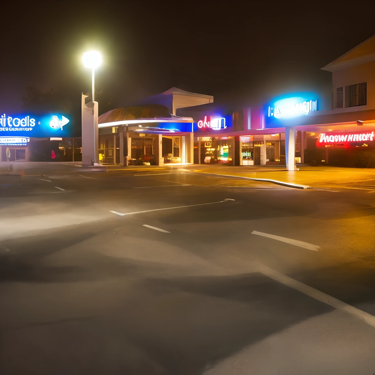 Outside a shopping mall, retro, lights, foggy, night