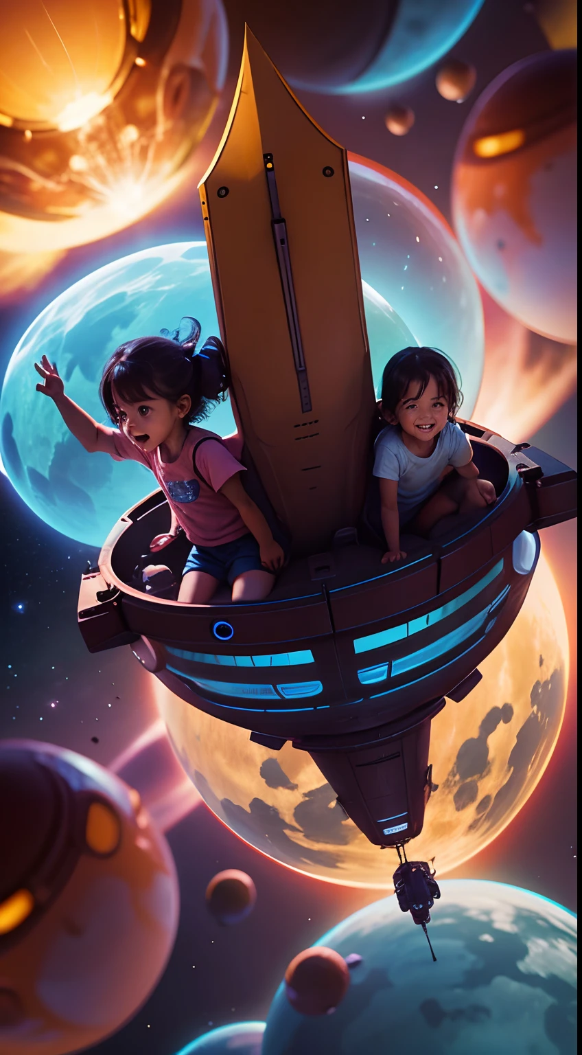 's day where we have in the foreground two childrenalien having fun in a spaceship. Imagem realista, que mostra detalhes dos personagens.