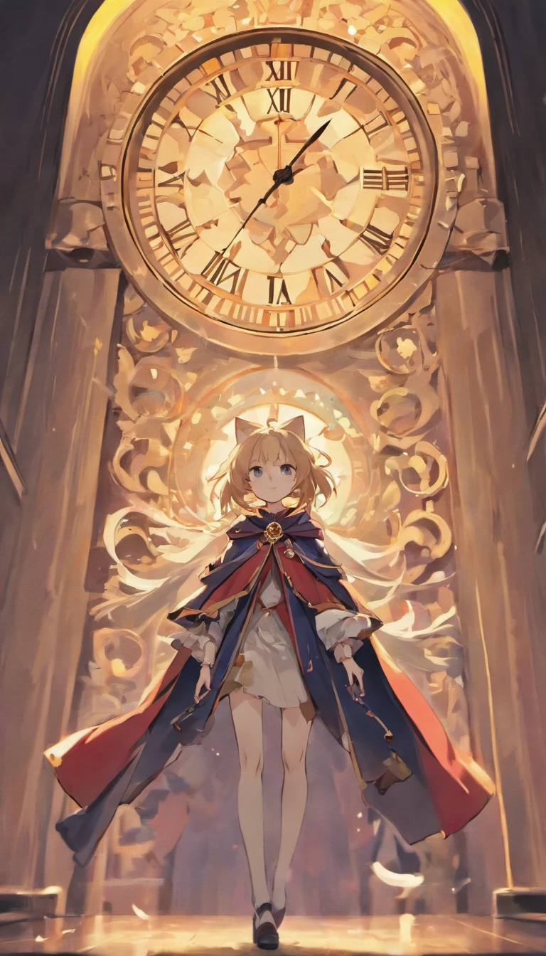 Anime scene of a cat in a cape standing in front of a clock, dreamy psychedelic anime, in style of cytus and deemo, videogame screenshot, screenshot from guro anime, animation still screencap, video game screenshot, cutscene footage, screenshot from the anime film, game screenshot, cinematics, game screenshot, still from tv anime