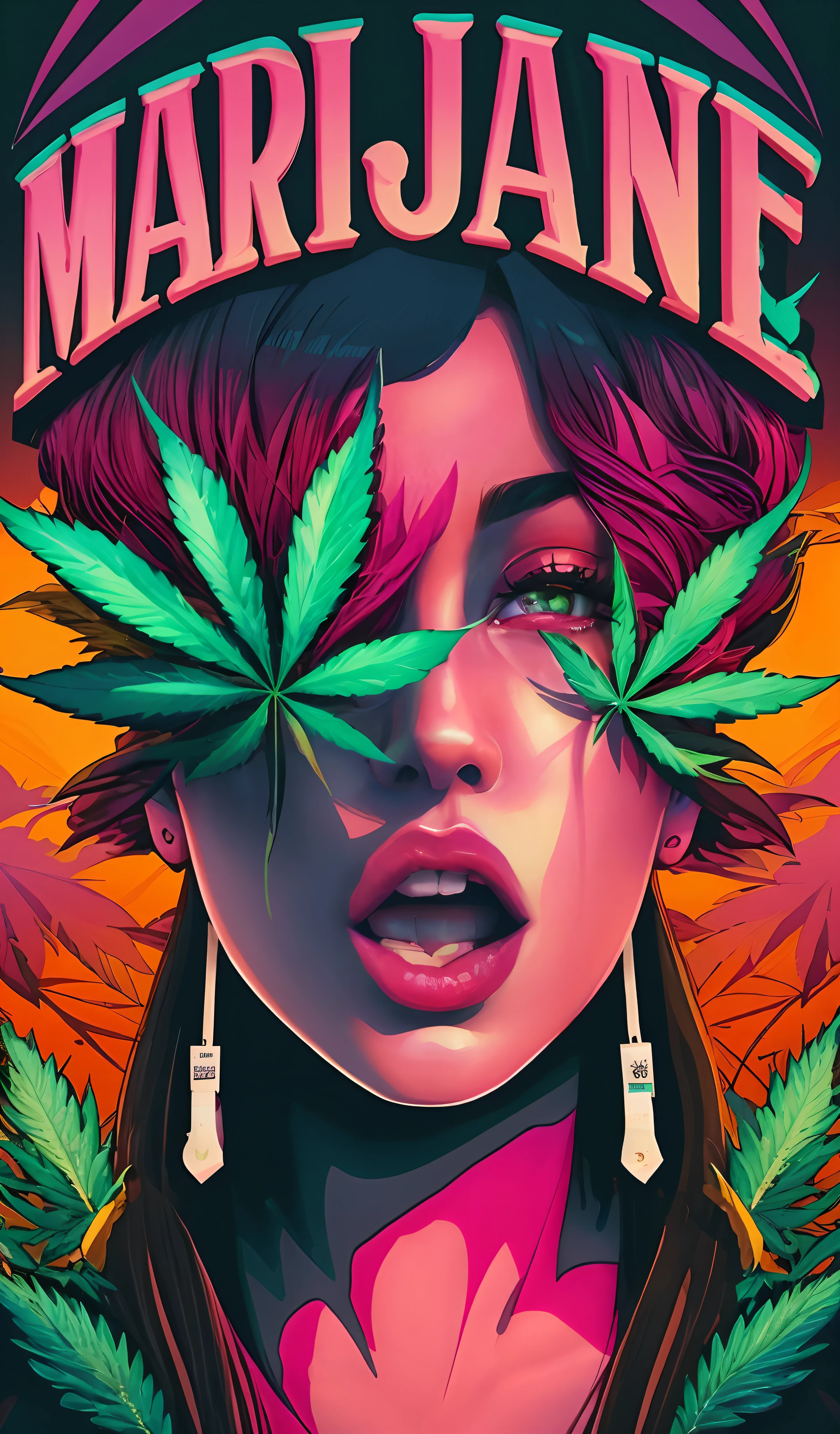 Arafat image of a woman with bright hair and a bright suit, Aesthetics of the High Times Magazine, Marijuana on the topic, How many?, personification of marijuana, inspired by Mary Jane Begin, princess of Hemp, Portrait of Kim Petras, Official work of art, headquarters, weed background, Hemp!, with green Hemp leaves, weed, multicolored weed leaves, Hemp,pop art style,sexually