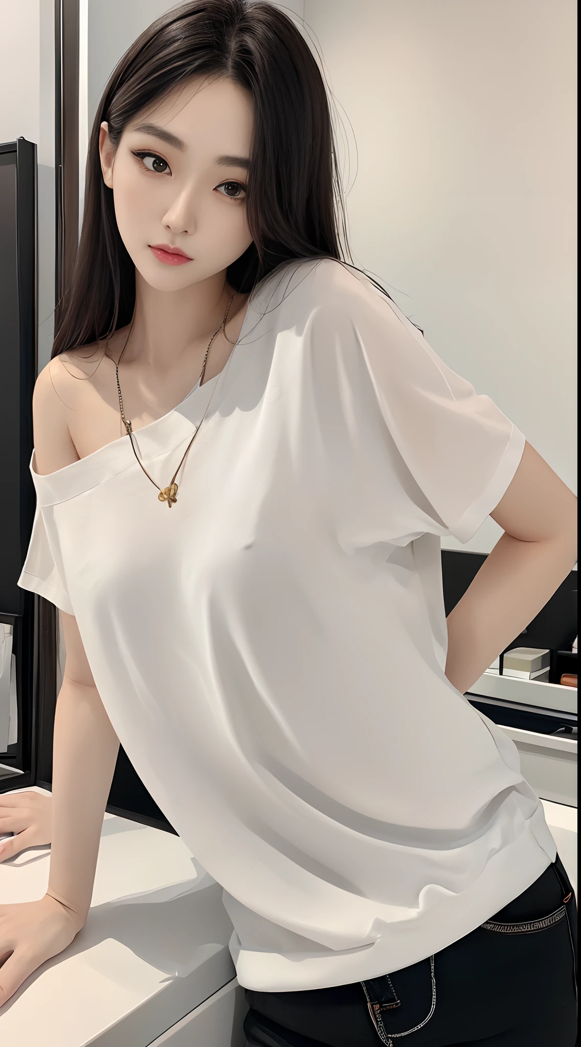 masterpiece、top-quality)、1 beutiful girl、Slim body、((Black and white plain clothes:1.1))、(Detailed beautiful eyes)、Walk around the store、((Boyish Brown Medium Hair))、((Smaller face))、((Neutral face))、((Face seen from the side))、((Light brown eyes))、((Korean Girl))、((25-years old))、((cool lady))、((Wild look))、((Korean Makeup))、((elongated and sharp eyes))、((Dating))、((looking distantly))、((boyish))、((Shot from face level))