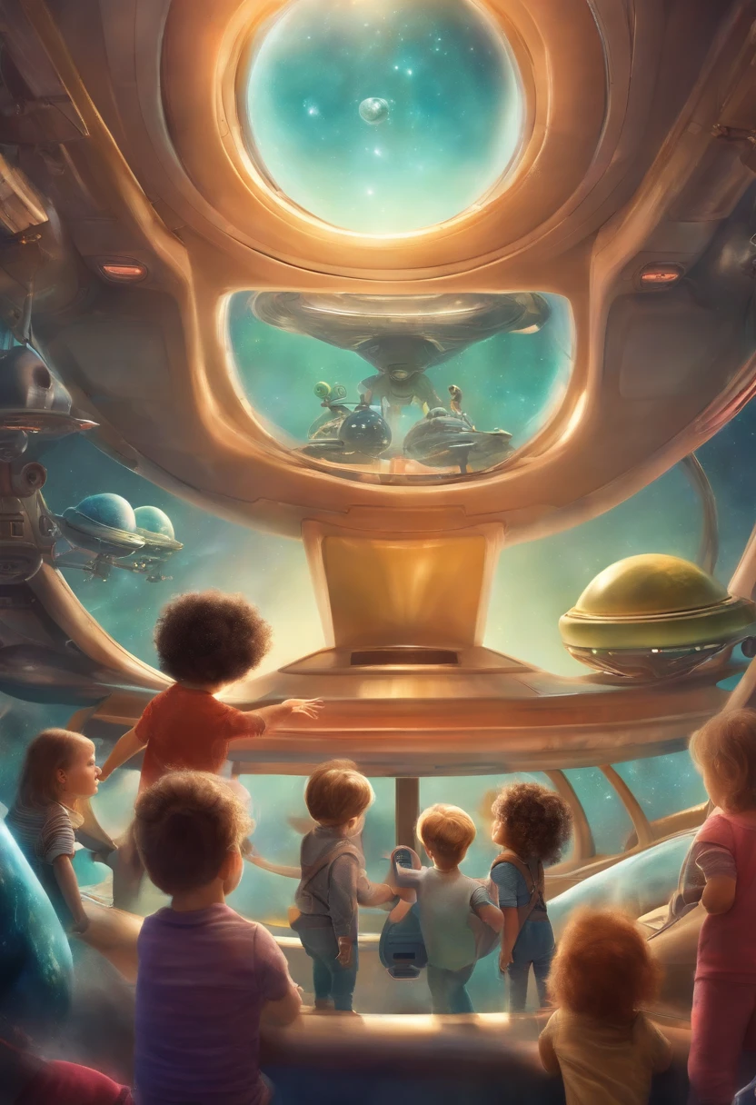 Children's day where we have in the foreground two children and an alien having fun in a spaceship. imagem realista, que mostra detalhes dos personagens. The alien is next to the children taking their hand.