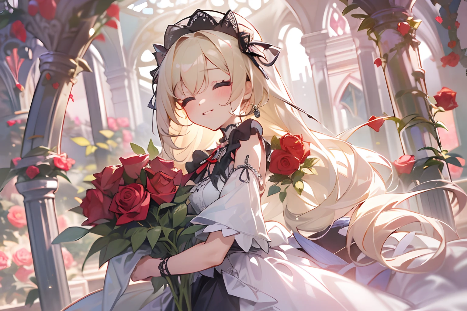 ((Masterpiece)), (High Definition:1.3), best quality, 8K, lens flare, wide shot, Textured skin, cinematic lighting, 1girl, ((Beautiful Gothic Lolita pure-white-Dresses, very hoop-dress, Luxury roses embroidery)), cute innocent young girl, Slender and small breasts, ((long silky blond hair, close eyes, very gothic lolita makeup(super detail), beautiful hair)), smile, neat and clean, (cute sparkle), Light particles, stand in beautiful Fantastic garden, (red roses garden)