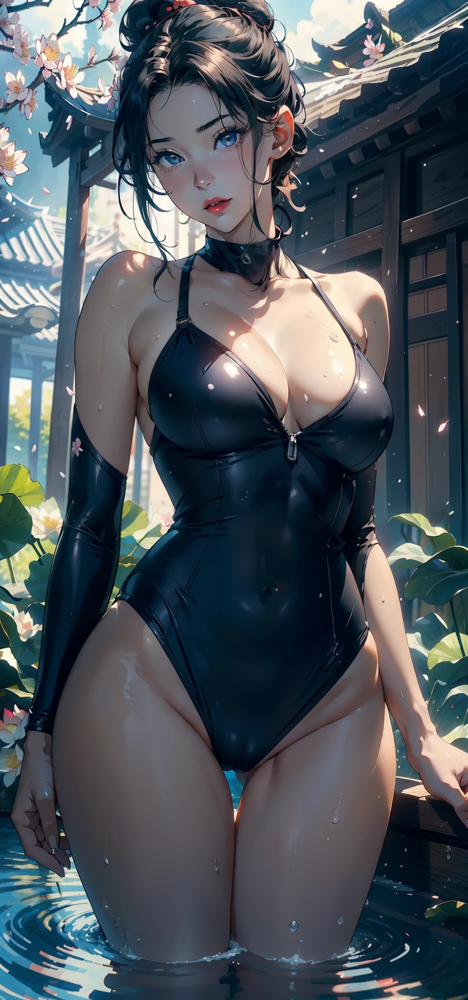 1female,35yo,plumw,extremely large bosom,Big breasts Thin waist,Long legs, 独奏,(Background with:Cherry blossom forest,lotus flower,Swimming pool),legs are open,Bare genitalia,Bare , She has short black hair,Stand on a lotus leaf,seen from the front, single hair bun, mostly cloudy sky,(((tmasterpiece),(Very detailed CG unity 8K wallpaper),best qualtiy,cinmatic lighting,detailed back ground,beatiful detailed eyes,Bright pupils,Black eyes,Snow-whiteskin,Redlip(Very fine and beautiful),(Beautiful and detailed eye description),ultra - detailed,tmasterpiece,))facing at camera,A high resolution,ultra - detailed),revealing breasts,Bare genitalia, Bulge,legs are open,Raised sexy,Camel toes,Flushed complexion,Desire for dissatisfaction,frontage,Swimmer,swim wears,Black tights,a sailor suit