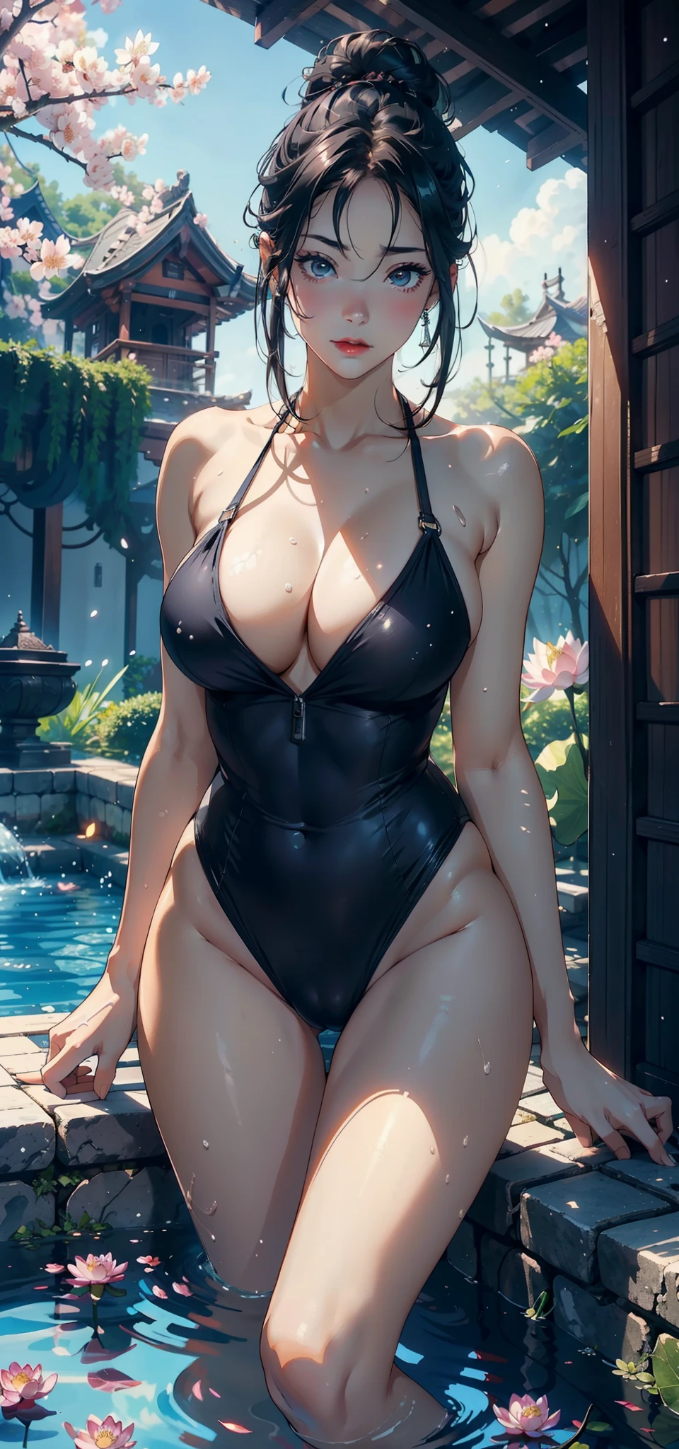 1female,35yo,plumw,extremely large bosom,Big breasts Thin waist,Long legs, 独奏,(Background with:Cherry blossom forest,lotus flower,Swimming pool),legs are open,Bare genitalia,Bare , She has short black hair,Stand on a lotus leaf,seen from the front, single hair bun, mostly cloudy sky,(((tmasterpiece),(Very detailed CG unity 8K wallpaper),best qualtiy,cinmatic lighting,detailed back ground,beatiful detailed eyes,Bright pupils,Black eyes,Snow-whiteskin,Redlip(Very fine and beautiful),(Beautiful and detailed eye description),ultra - detailed,tmasterpiece,))facing at camera,A high resolution,ultra - detailed),revealing breasts,Bare genitalia, Bulge,legs are open,Raised sexy,Camel toes,Flushed complexion,Desire for dissatisfaction,frontage,Swimmer,swim wears,Black tights,a sailor suit