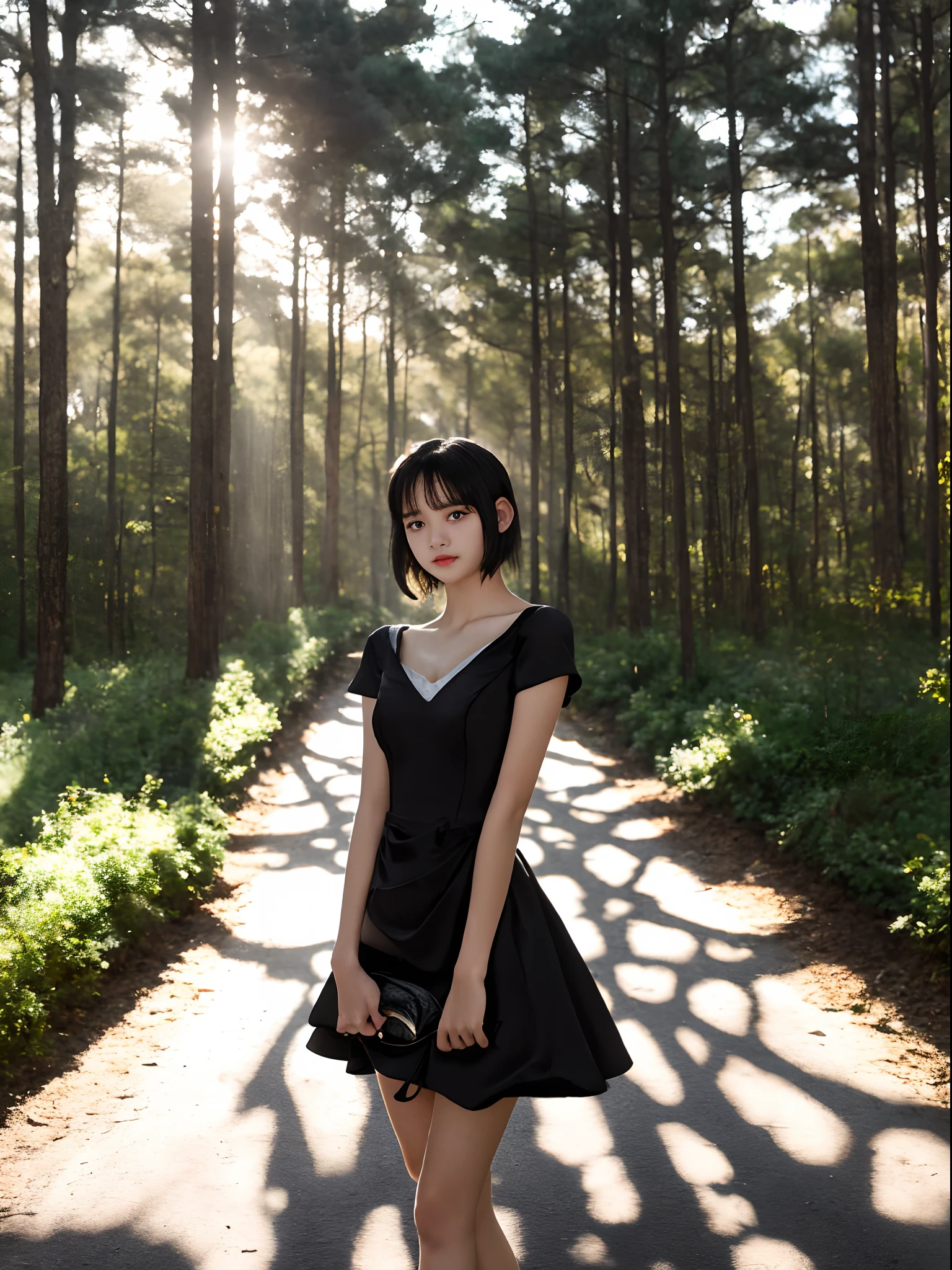 ((14 year old pre-teen girl)), black dress with a V-neck, photo of the girl breast to face, very fair skin, short hair, forest, wooden houses, sunset, photorealistic, indirect lighting, volumetric light , ray tracing, hyper-detailed