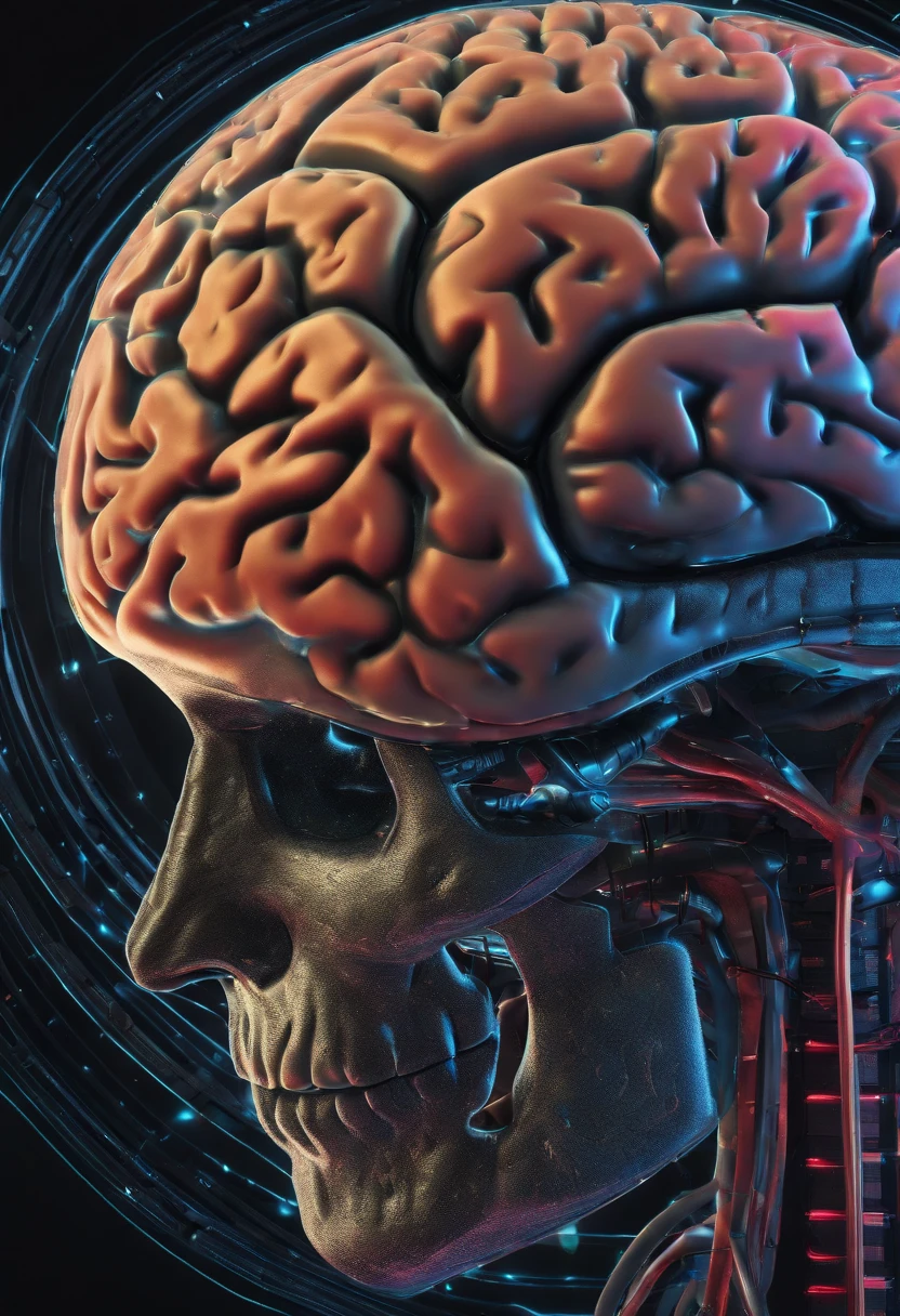 A highly detailed brain, electronic medium with neons and half real gray