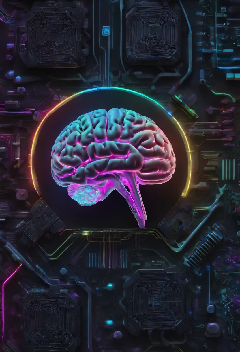 A highly detailed brain, electronic medium with neons and half real gray