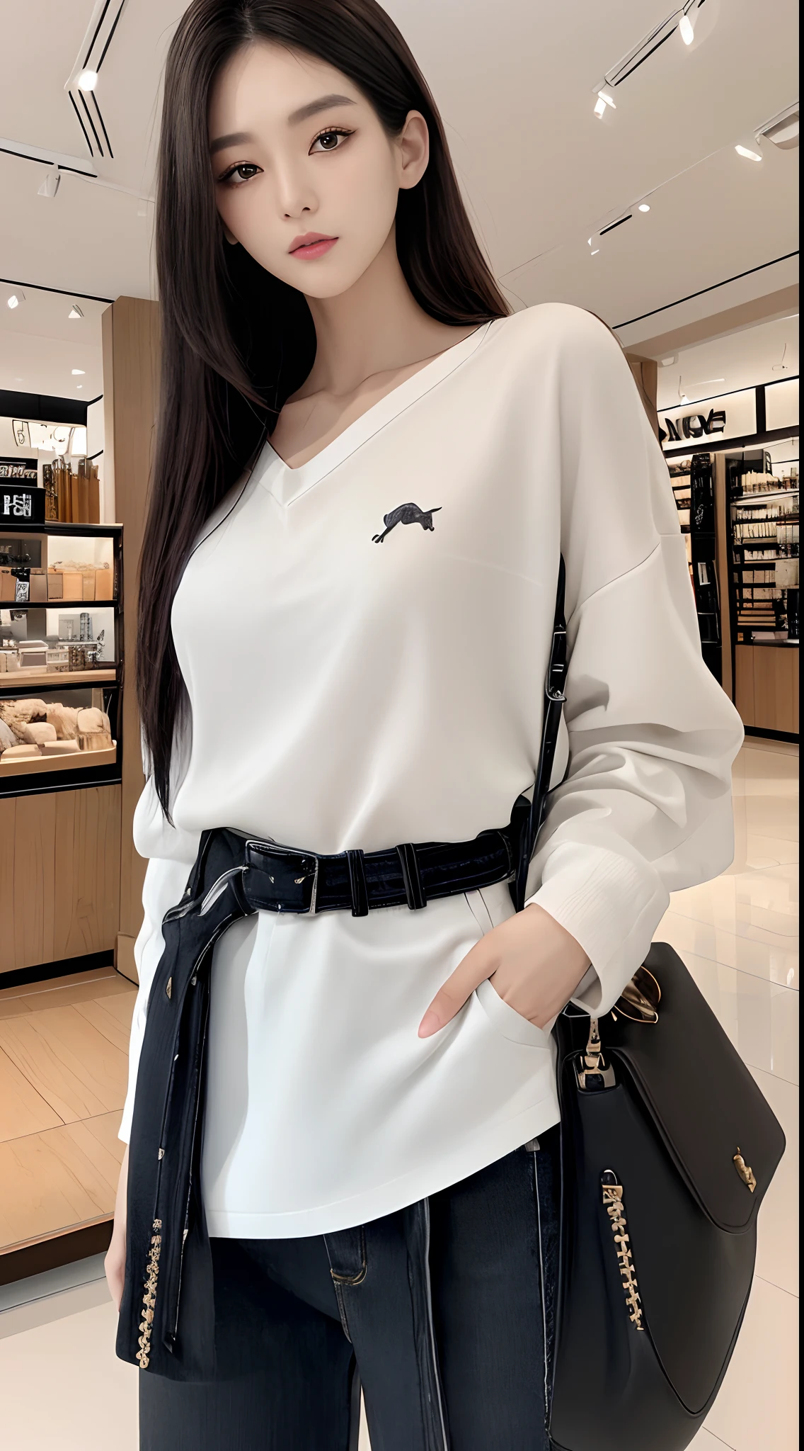 masterpiece、top-quality)、1 beutiful girl、Slim body、((Black and white plain clothes:1.1))、(Detailed beautiful eyes)、Walk around the store、((Boyish Brown Medium Hair))、((Smaller face))、((Neutral face))、((Face seen from the side))、((Light brown eyes))、((Korean Girl))、((25-years old))、((cool lady))、((Wild look))、((Korean Makeup))、((elongated and sharp eyes))、((Dating))、((looking distantly))、((boyish))、((Shot from face level))