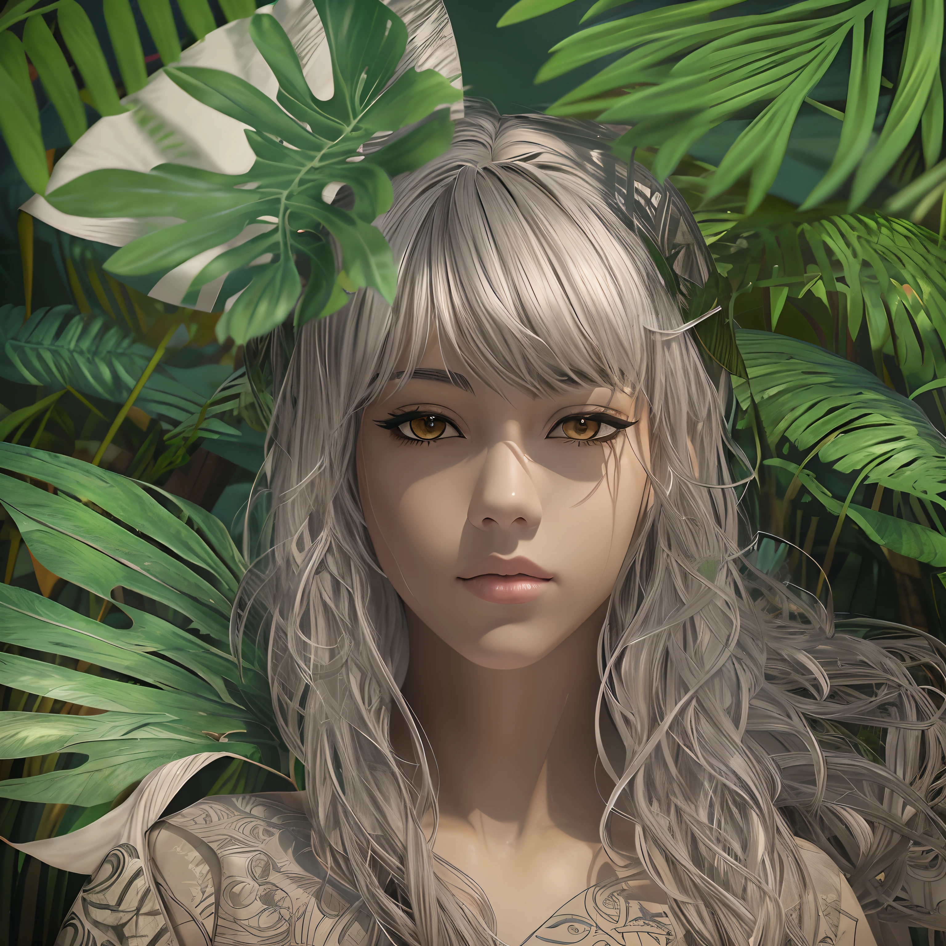tmasterpiece，best qualtiy，cinematic ligh，offcial art，Propaganda art， wallpapers，Very detailed CG unified 4k wallpaper，Complicated details，The upper part of the body, giant monstera leaves around，The human protagonist has a hideous face，Hold a heavy sword in both hands，spakles bokeh, silver mech amour，Clothes texture ultra-detailed，Lots of patterns，（illustratio：1.1）muscle men，a dark tanned skin，Tree BREAK making art，（Warm light source：1.2），long and flowing hair，strong winds，Orange eyes。Photorealistic and realistic