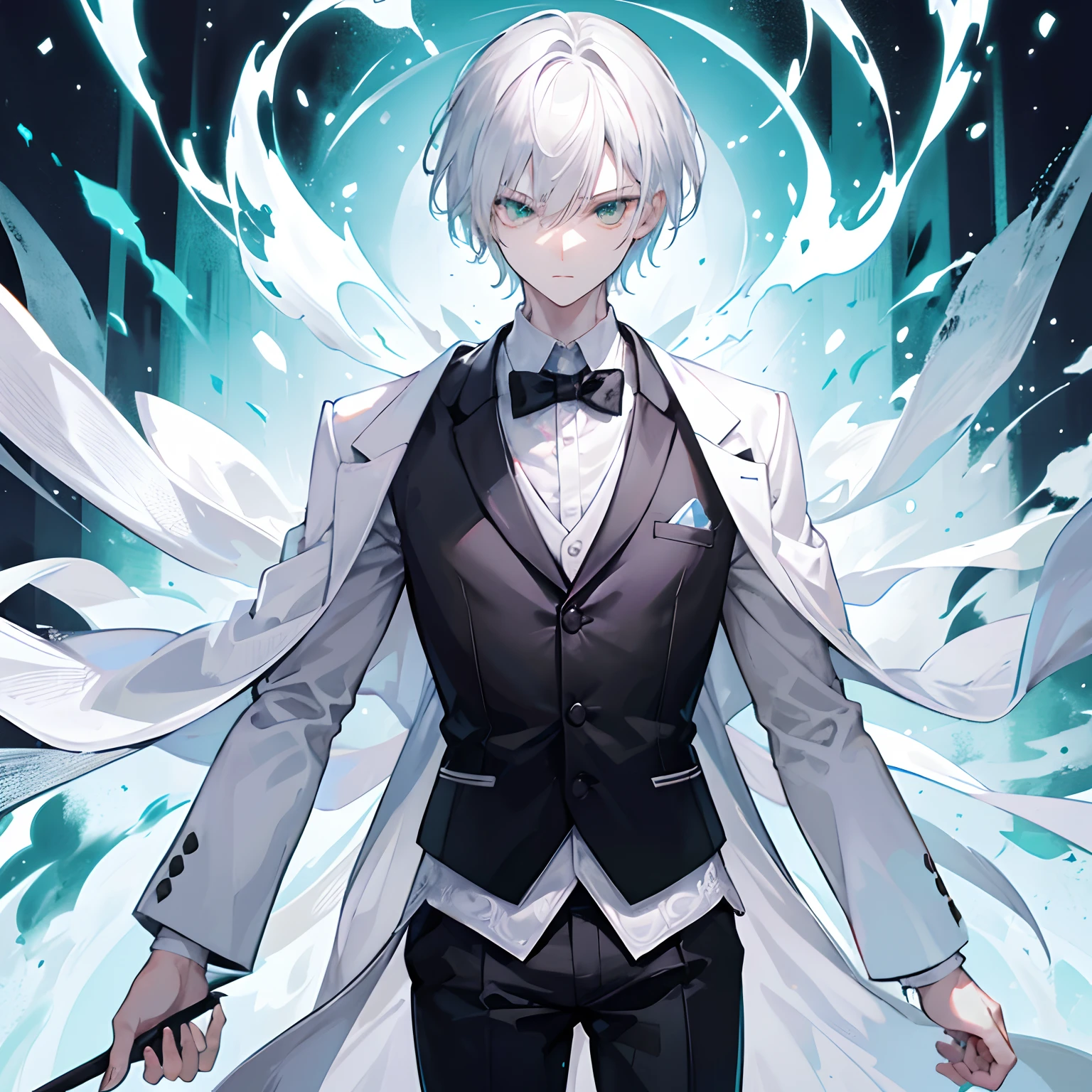 1boy absurd resolution, realistic, extremely detailed, slender, tall, white blazer, black pants, black shirt, short white hair, ghostly white eyes, green forest, looking around, silver bow staff, strong, sharp face, sharp eyes, intelligent, on edge