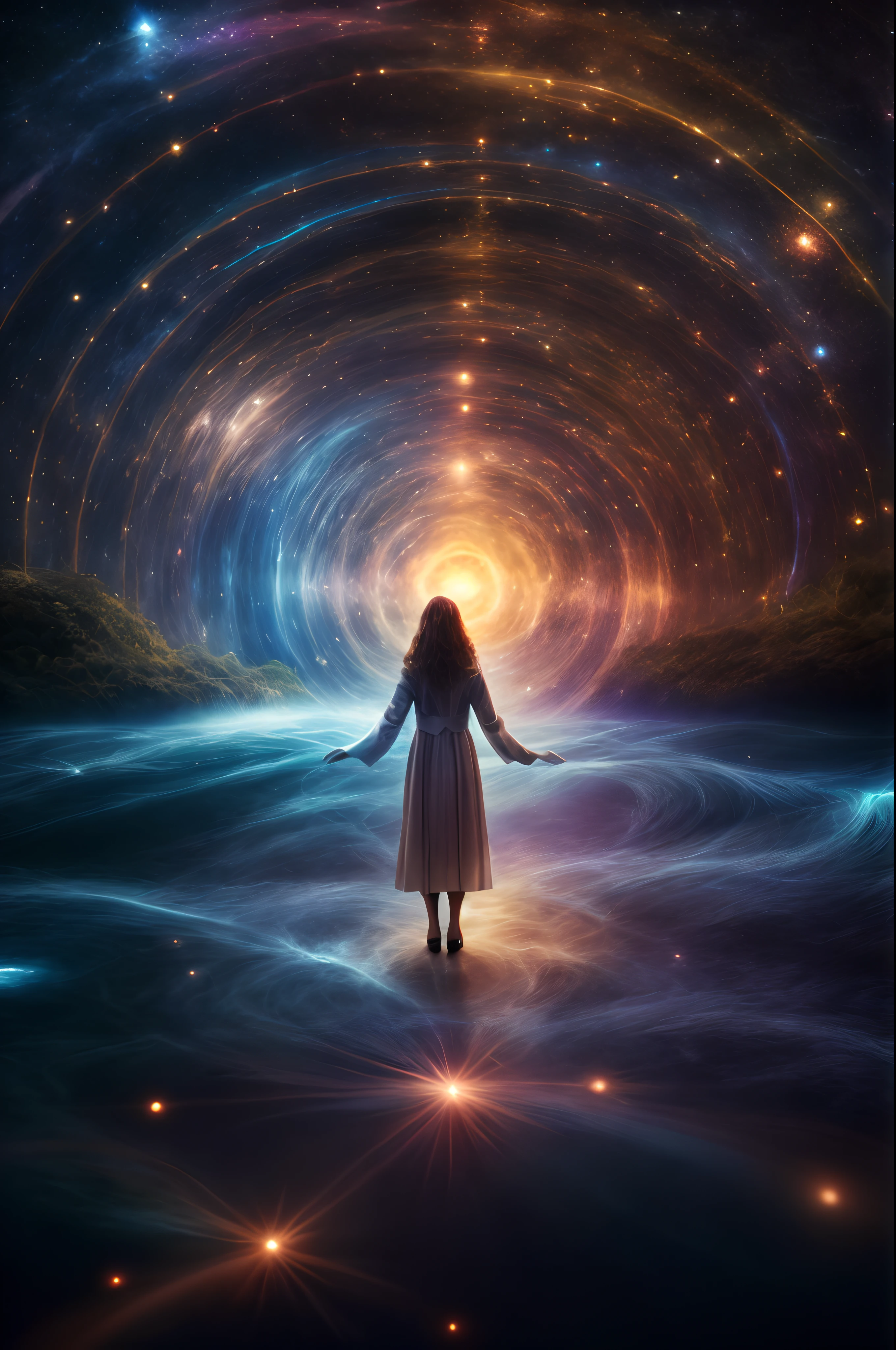 a woman standing in a tunnel with her arms outstretched out, open portal to another dimension, portal to the ethereal realm, dream portal, portal to another universe, spirits coming out of portal, astral travel, opening a shining portal, portal to another world, channeling swirling energy, portal to another dimension, standing in a maelstrom, magic portal to another world