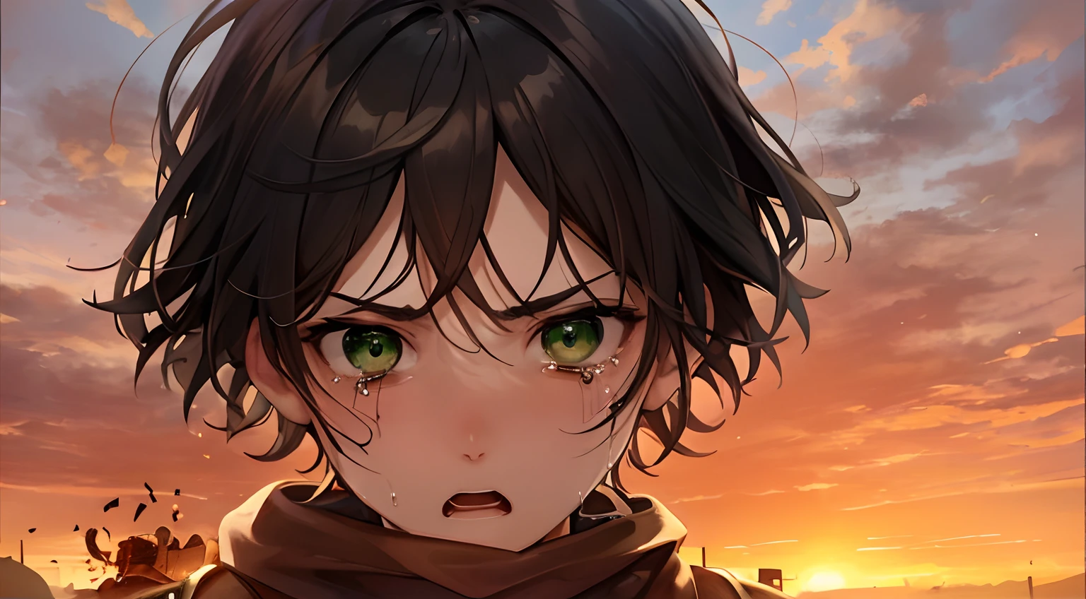 superfine illustration, very detailed beautiful face and eyes, Dynamic Angle, 14-year-old boy crying in old brown clothes, Head to knee display, Frustrated expression, alarmed, indignant, annoyed, Sunset sky, Screaming, Looking away, Green eyes