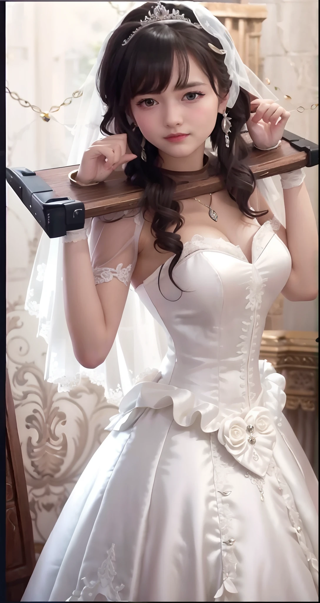 Close-up of a beautiful bride in a beautiful wedding dress, Gurvetz,(pillory:1.5), (Flail:1.2), Flail on the head, Flail on the hands,Full body photo, Whole body, (Bridal veil: 1.5), (Short transparent veil: 1.5), Flushed face, Head flower, head gear, Very detailed princess wedding dress,(Tubular wedding dress: 1.5), (Silk dress: 1.2 ), (Strapless wedding dress: 1.5), (and floor-length skirts:1.2), Pure white dress,a white long skirt, necklace, Earrings, (Huge breasts: 1.3), Deep V heart collar wedding dress, bangs, lipstick, (Lace gloves: 1.3), High detail RAW color art,