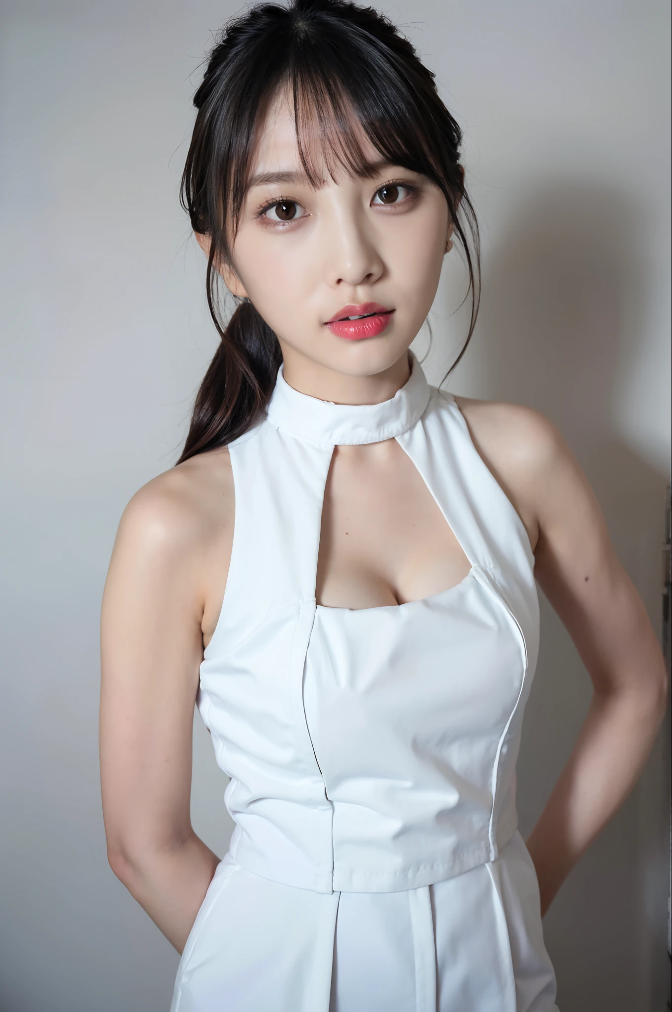 best quality, ultra high res, 1girl, sleeveless white button shirt, black skirt, black choker, cute, (Kpop idol), (aegyo sal:1), (platinum blonde hair:1), ((puffy eyes)), looking at viewer, full body, facing front