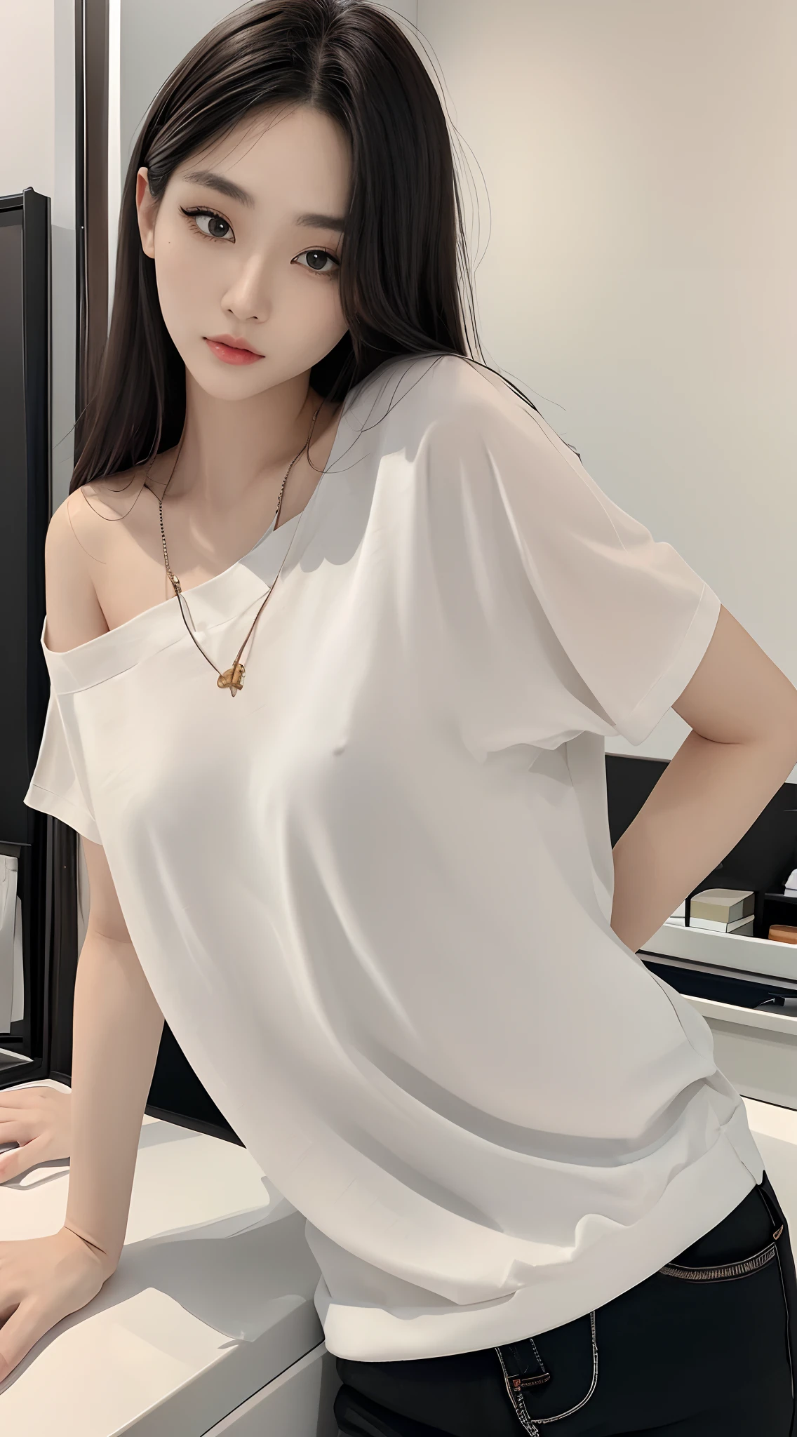 masterpiece、top-quality)、1 beutiful girl、Slim body、((Black and white plain clothes:1.1))、(Detailed beautiful eyes)、Walk around the store、((Boyish Brown Medium Hair))、((Smaller face))、((Neutral face))、((Face seen from the side))、((Light brown eyes))、((Korean Girl))、((25-years old))、((cool lady))、((Wild look))、((Korean Makeup))、((elongated and sharp eyes))、((Dating))、((looking distantly))、((boyish))、((Shot from face level))