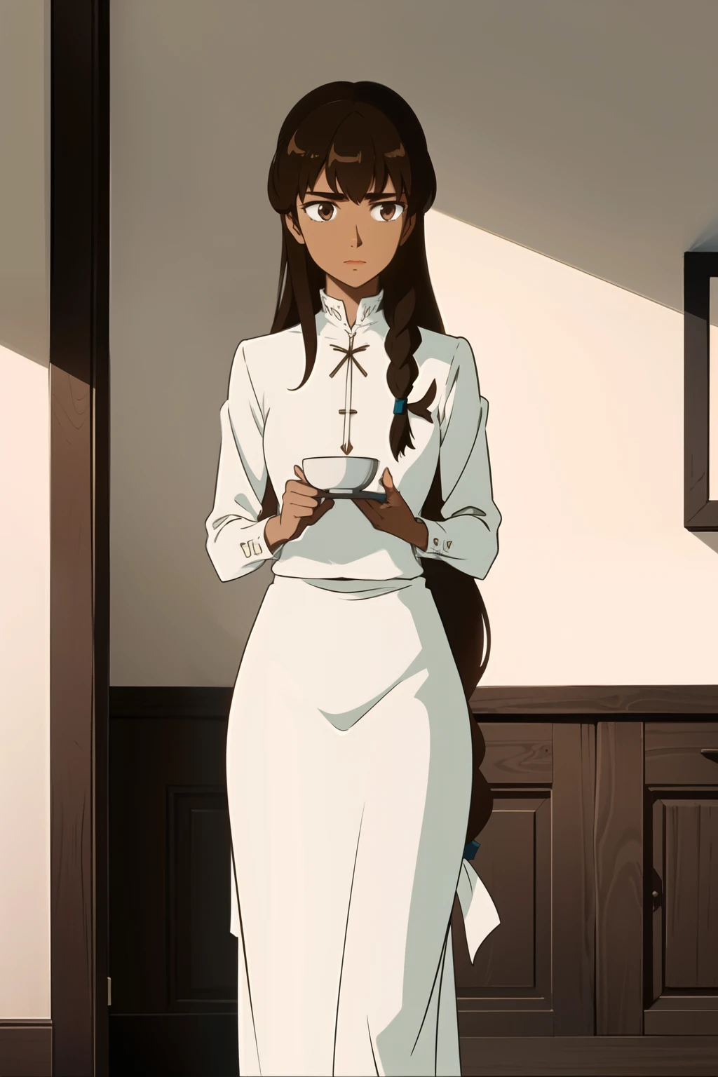 1girl, Chiko_Kamui \(the Dagger of kamui\), dark skin, ((brown hair, untied hair, long hair, bangs)), elegant white long Dress shirt,