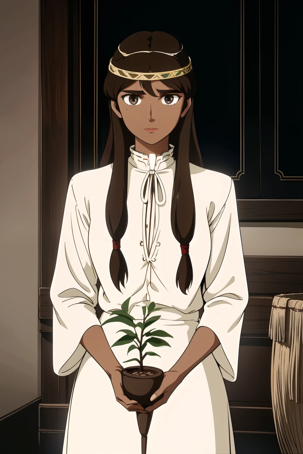 1girl, Chiko_Kamui \(the Dagger of kamui\), dark skin, ((brown hair, untied hair, long hair, bangs)), classical white long Dress shirt,