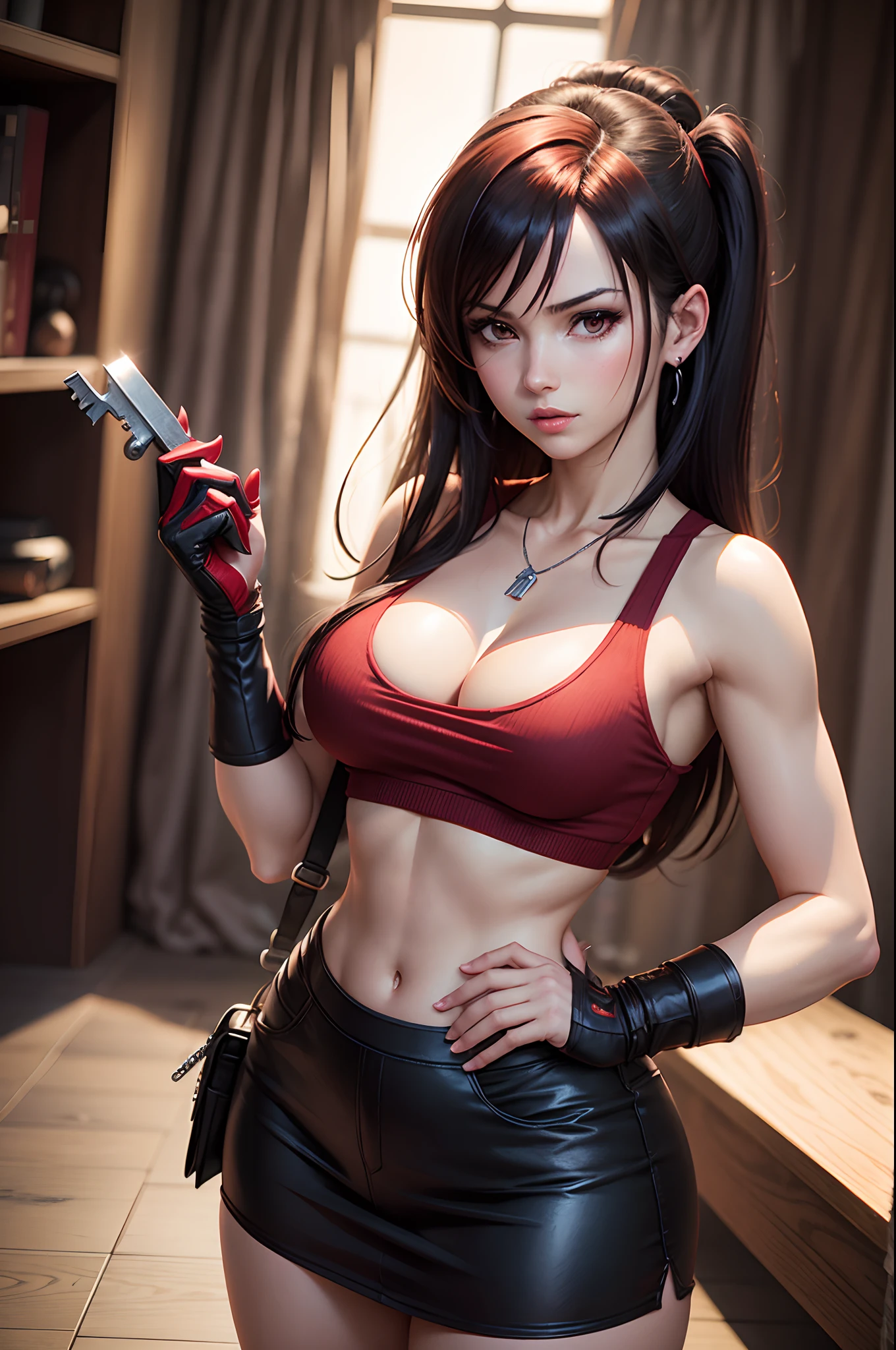Anime girl in red sweater holding a key in her hand, un retrato de personaje por Kamagurka, Ganador del concurso Pixiv, Arte conceptual, Retrato de Tifa Lockhart, Fanart exquisito altamente detallado, seductor retrato de Tifa Lockhart, Retrato de Tifa Lockhart, Tifa Lockhart, faye valentine, Tohsaka also., Fanart de alta calidad, Tifa, Tifa Lockheart