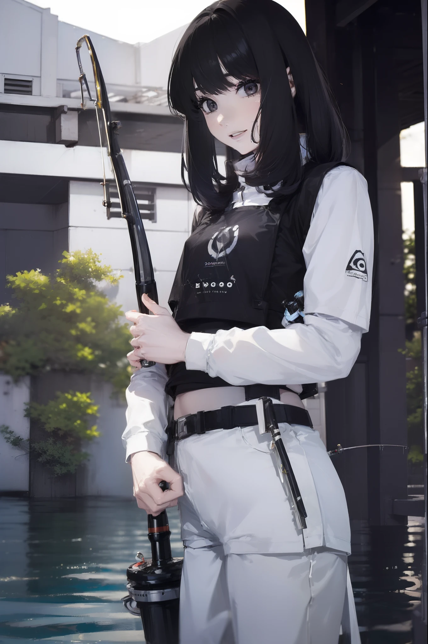((((Have a fishing rod with a reel:1.5)))),((Female 28 years old)),((Best Quality:1.5)),(((Fine fingers、Ratio 4 fingers and 1 thumb,detailed arms,detailed human hands))),(((Hands with the correct number and structure of fingers:1.4))),((Lakeside:1.37)),hight resolution,ultra-detailliert,masterpiece,best qualtiy,(Eight-headed body),(1 fishing rod,Holding a fishing rod in your hand,Fishing lure rod,Fishing Reels,Long Sleeve Outdoor Vest,Long pants for fishing,Big backpack),thin and long legs,Beautiful hip line,Beautiful spine,constricted back,Toned waist,beutiful breast),,Gentle smile,shiny lip,(1 fishing rod,Straight stretch fishing rod,Long fishing rod,Woman fishing with fishing rod in hand),Black hair, long eyeslashes, Solid Circle Eyes, drop shadow, Atmospheric perspective,Super Detail, ccurate, small brest,top-quality, blurry backround, bokeh dof:1.2, (masterpiece:1.3), Atmospheric perspective,Super Detail,dynamic compositions, Ultra High Quality,