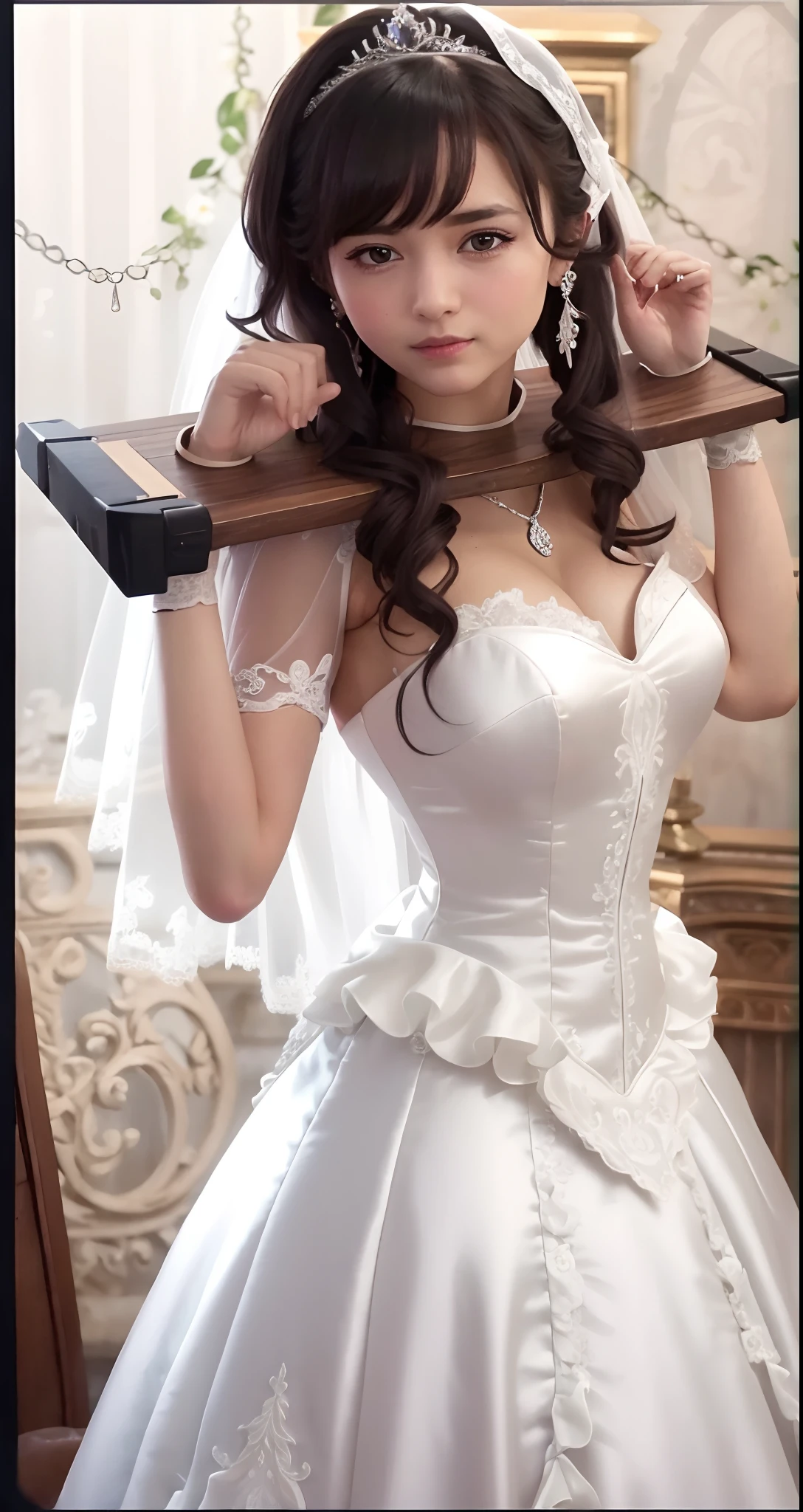 Close-up of a beautiful bride in a beautiful wedding dress, Gurvetz,(pillory:1.5), (Flail:1.2), Flail on the head, Flail on the hands,Full body photo, Whole body, (Bridal veil: 1.5), (Short transparent veil: 1.5), Flushed face, Head flower, head gear, Very detailed princess wedding dress,(Tubular wedding dress: 1.5), (Silk dress: 1.2 ), (Strapless wedding dress: 1.5), (and floor-length skirts:1.2), Pure white dress,a white long skirt, necklace, Earrings, (Huge breasts: 1.3), Deep V heart collar wedding dress, bangs, lipstick, (Lace gloves: 1.3), High detail RAW color art,
