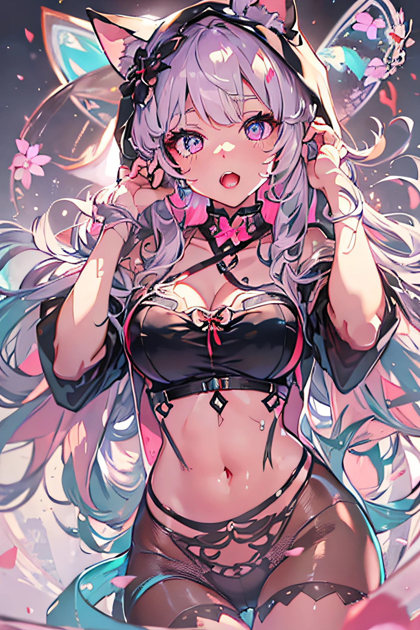 (best quality,highres),beautiful detailed eyes,sparkling eyes,expressive gaze,vibrant colored irises,intense stare,long daintylashes,piercing look,deepset eyes,prominent brows,wispy eyebrows,iridescent reflection,meticulously detailed eyelids,soulful eyes,dreamy glances,mesmerizing allure,sensuous peepers,breathtakingly captivating eyes,hypnotizingly beautiful eyes,alluring orbs,gorgeously enchanting eyes,luminous big eyes, (finely detailed beautiful eyes and detailed face, masterpiece, full body shot, sidelighting, masterpiece,best quality, detailed, high resolution illustration, 8K ), (1girl, solo, alone) alluring face and chest, big chest, sexy (1girl,whole body, bishoujo, lustrous skin, looking down, looking at viewer), (multi-colored hair, dumpling hair, pink iridescent eyes, cat-girl, red crop top, black panties, open hoodi ,slave clothes, open mouth, tongue-out, wearing lace black pantyhose), (Complete head:1.9),meticulous portrayal of face,1 noblewoman,a matural female,Black dress long dress,(black lence stockings+),High-heeled ribbon sandals,(Black stocking feet),Pink White Long Hair,Prom background, Perfect body, s the perfect face, perfect hand, Perfect Finger, Perfect lips, perfect eyes, Perfect background
