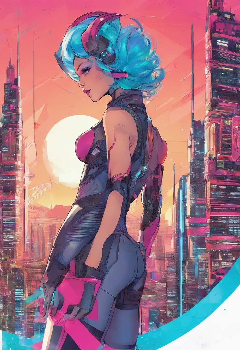 blue hair,braided ponytail,magenta eyes,fair skin,cowboy shot,dynamic angle,cyberpunked、futuristic cities、planet earth、A cyberpunk with skyscrapers that pierce through the clouds.ＳＦart by、Utopian City、Megacities、dream、top-quality、​masterpiece、Beautiful cities of the future