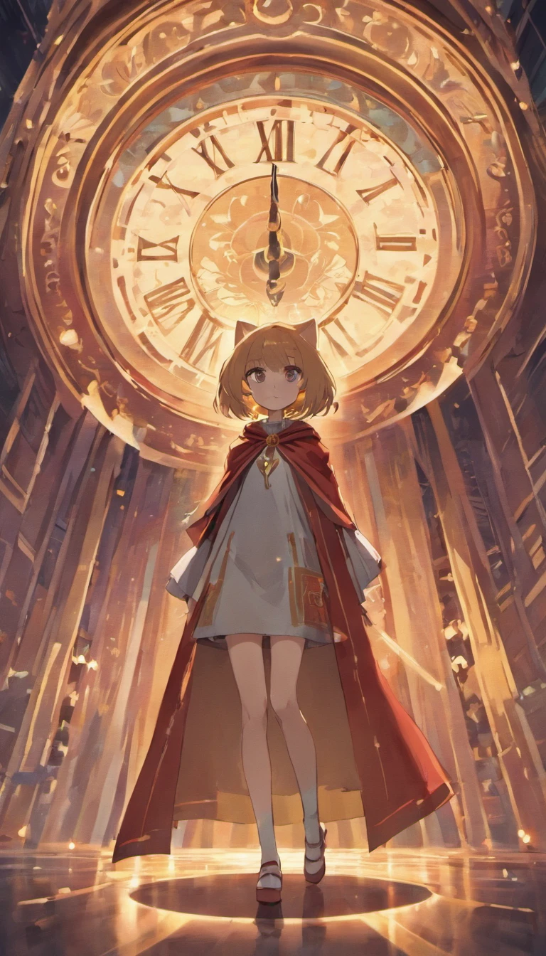 Anime scene of a cat in a cape standing in front of a clock, dreamy psychedelic anime, in style of cytus and deemo, videogame screenshot, screenshot from guro anime, animation still screencap, video game screenshot, cutscene footage, screenshot from the anime film, game screenshot, cinematics, game screenshot, still from tv anime