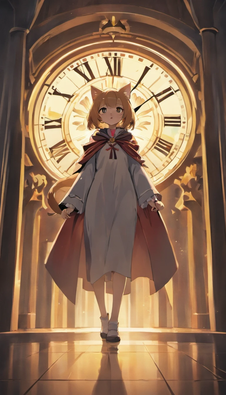 Anime scene of a cat in a cape standing in front of a clock, dreamy psychedelic anime, in style of cytus and deemo, videogame screenshot, screenshot from guro anime, animation still screencap, video game screenshot, cutscene footage, screenshot from the anime film, game screenshot, cinematics, game screenshot, still from tv anime