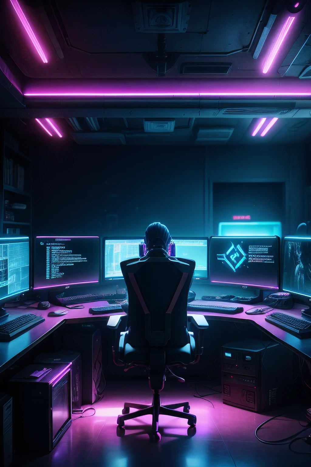 a dimly lit computer lab with lots of monitors and a keyboard, cyberpunk setting, Cyber punk configuration, cyber neon lighting, cyber space, cyberpunk with neon lighting, luzes cyber neon, in a cyberpunk themed room, interior cyberpunk, Gamer screen on metal table, cyber aesthetic, Cybernetic style, computador sci-fi, cyber background, cyber installation, console e computador