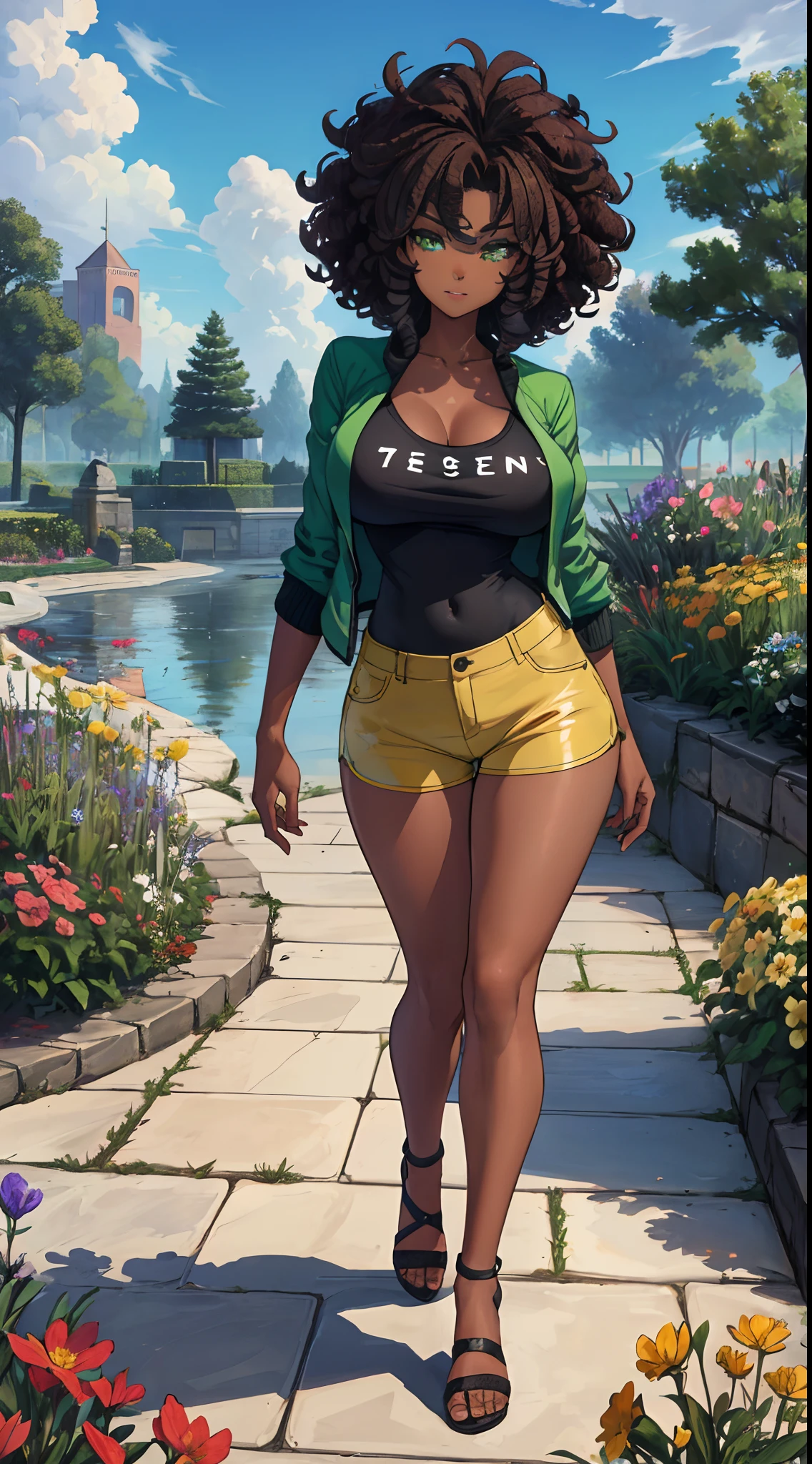 ((Masterpiece, hiquality, absurdress) 1Woman, black hair, curly hair, Afro-curly hair, Green eyes, a perfect face, the perfect body, big breastes, short stature, very dark skin, 独奏, ((Best Quality)), ((Masterpiece)), (Detailed:1.4), Detailed eyes and face, Leopard Shorts, Treads, tshirt, Extended jacket, Walk around the city, garden, lots of flowers, pond