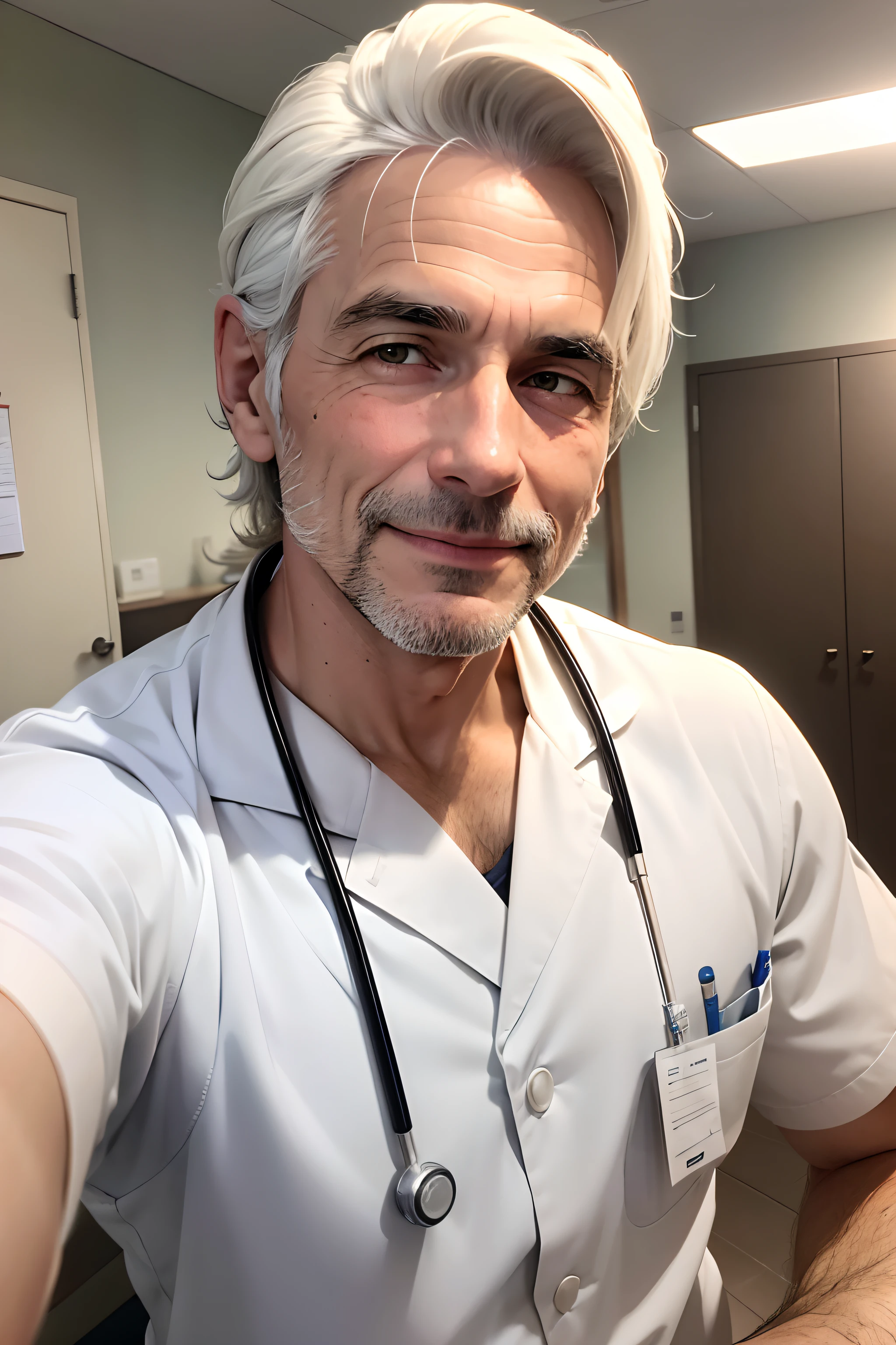 medico de 38 anos, White Clinic, em uma mesa, friendly and gentle face, homem