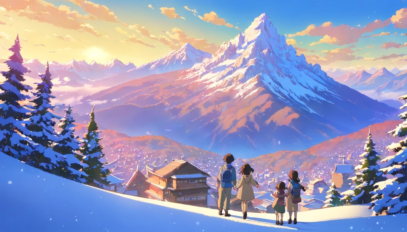 (((masutepiece))),Best Quality, snow mountains, Scenery, skyporn, Outdoors,Two fathers、Mother of two、Two daughters、