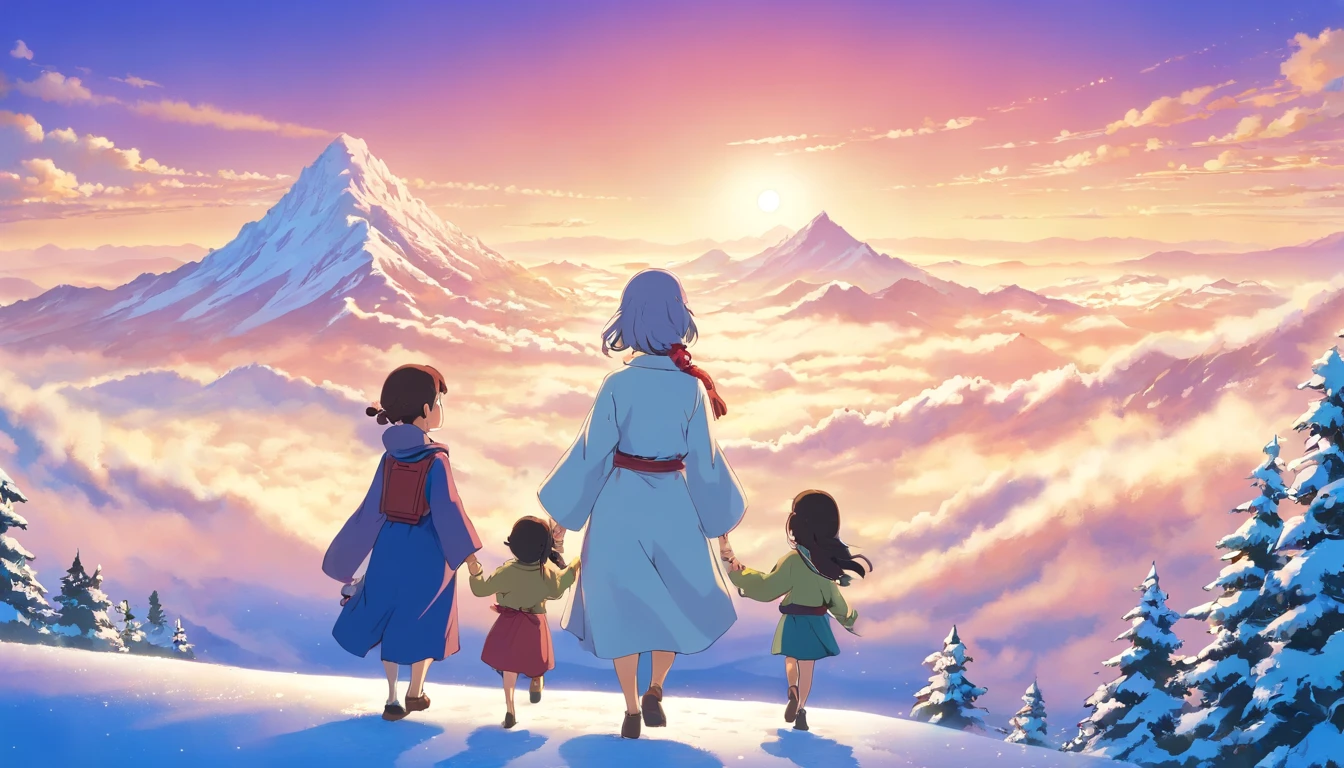 (((masutepiece))),Best Quality, snow mountains, Scenery, skyporn, Outdoors,Two fathers、Mother of two、Two daughters、