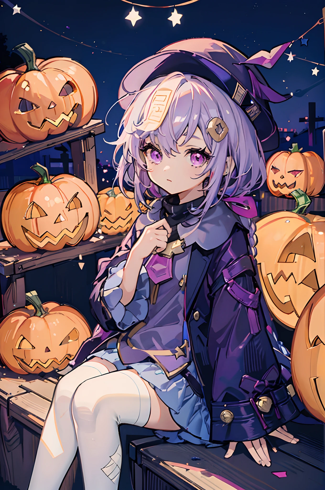 1 child girl, light purple hair, dark purple hat, paper sign on her hat, magenta eyes, purple and blue outfit, long white socks, at the pumpkin patch, halloween, pumpkins