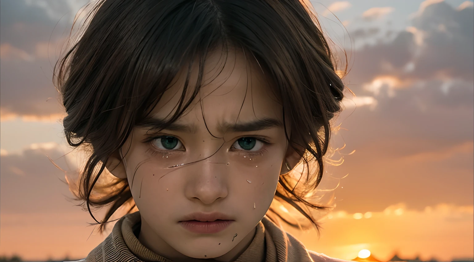 superfine illustration, very detailed beautiful face and eyes, Dynamic Angle, -yeld borying in old brown clothes, Head to knee display, Frustrated expression, alarmed, indignant, annoyed, Sunset sky, Screaming, Looking away, Green eyes